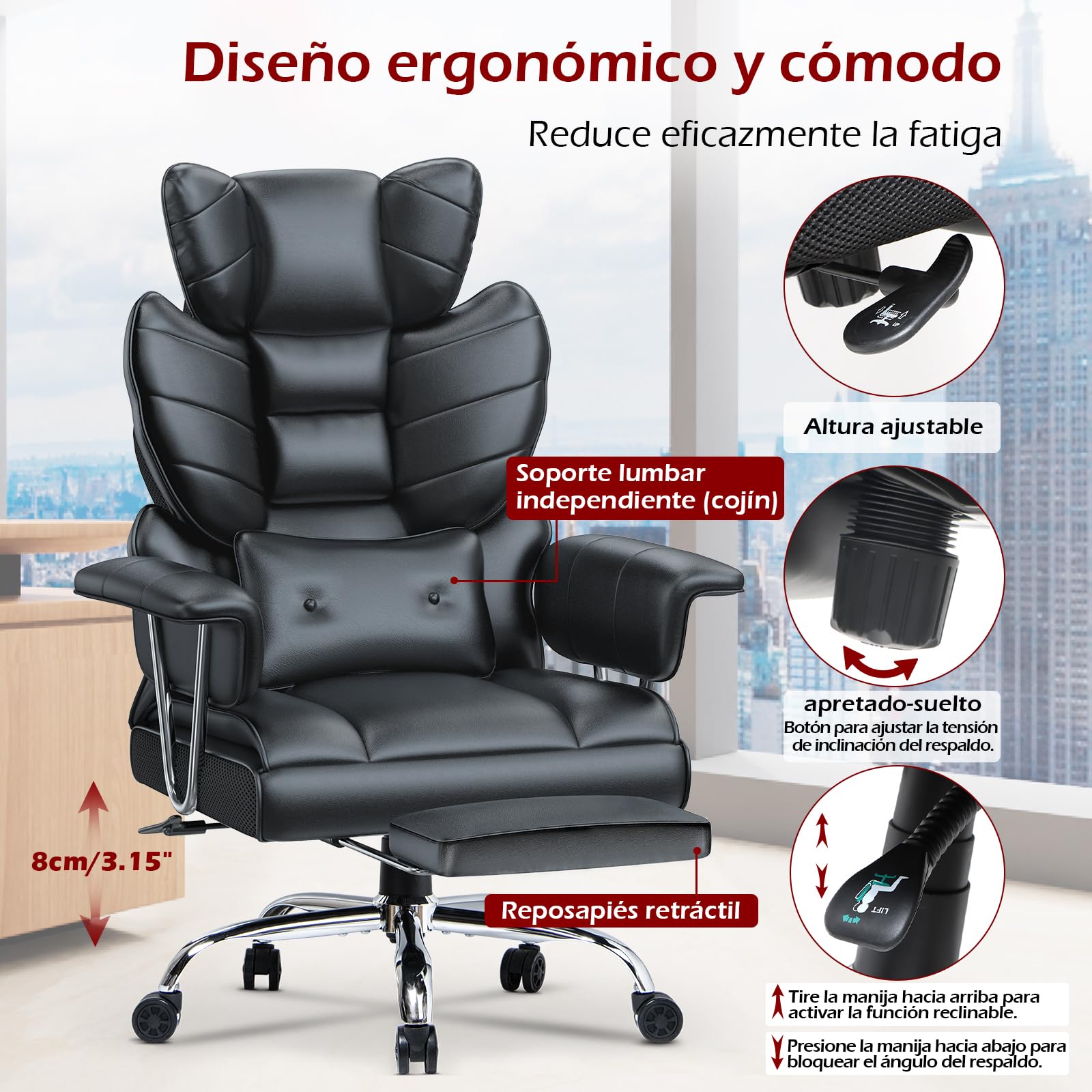 naspaluro Silla de Escritorio con Reposacabezas Reposapiés, Silla de Oficina Ergonómica, Silla de Escritorio Reclinable, Silla Giratoria de Cuero PU con Ruedas y reposacabezas, 150kg Negro