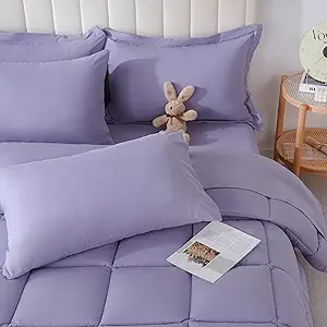 DOWNCOOL Queen Comforter Set, 7Pcs Bedding Sets Queen Purple, All Season Down Alternative Bed in a Bag Queen with Comforter, Flat Sheet, Fitted Sheet, 2 Pillow Shams & 2 Pillowcases