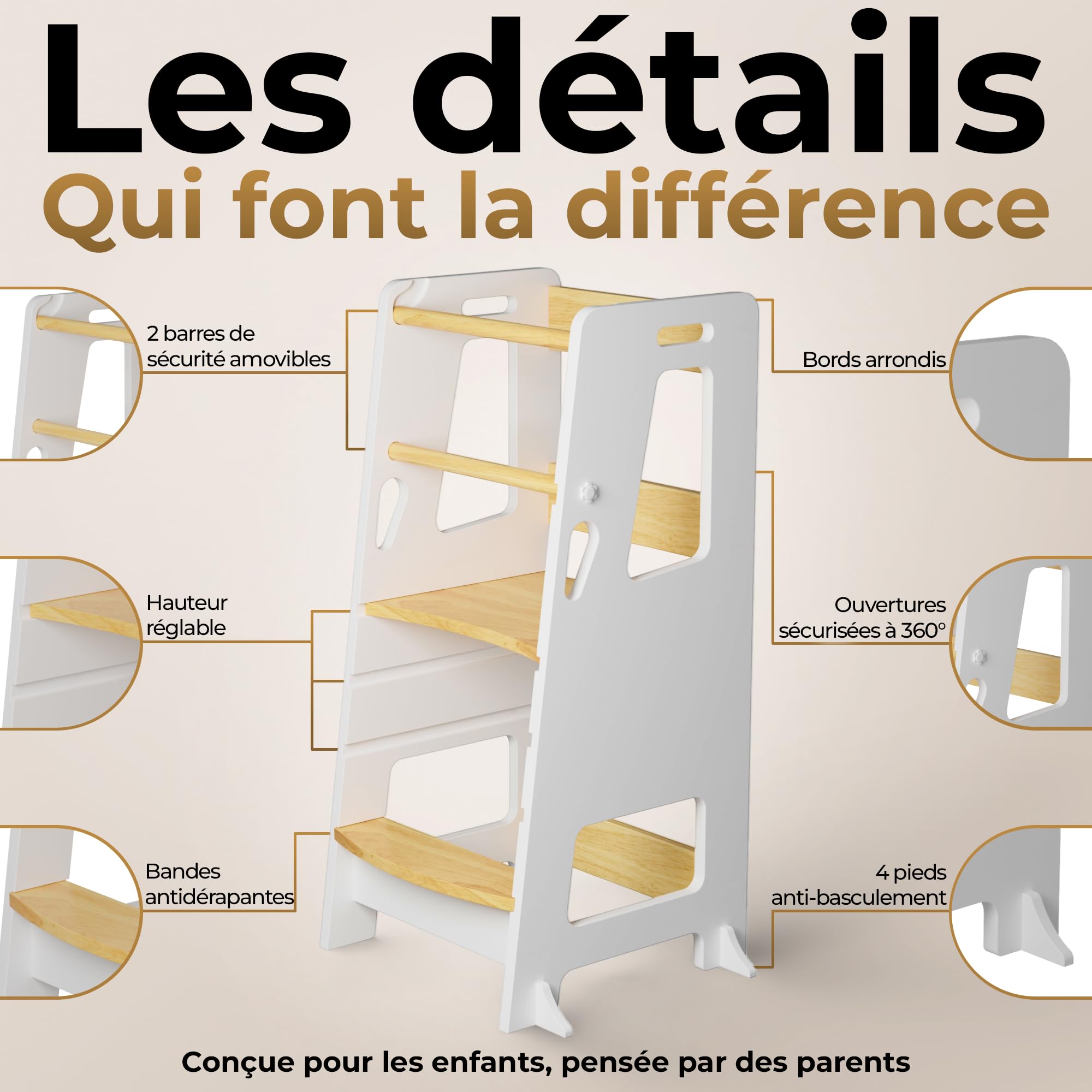 Bey&Co Tour d'Apprentissage Montessori en Bois – 3 Hauteurs Réglables, Surface Anti-Dérapante, Pieds Anti-Bascule – À Partir 12 Mois