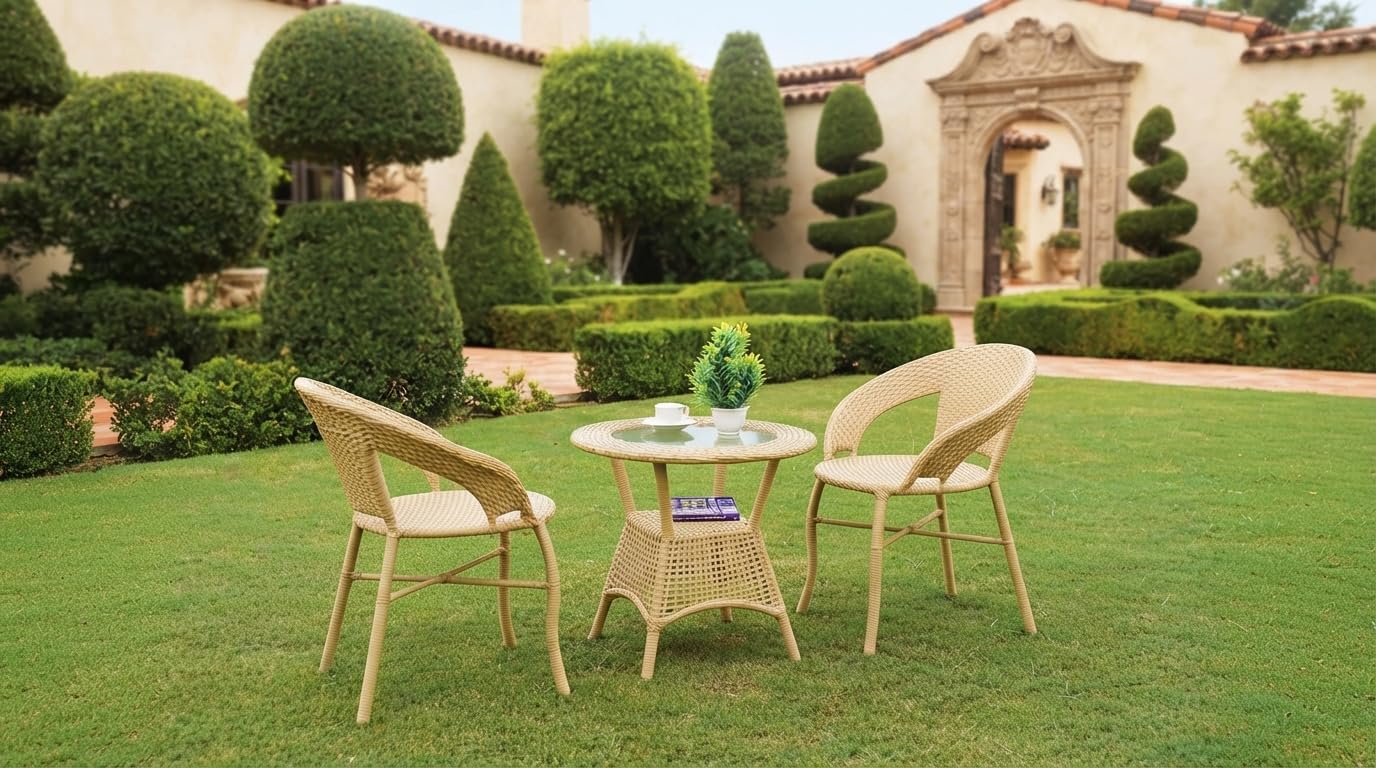 UF Outdoor Chairs and Table Set of 2 Garden Coffee Table and Chairs for Balcony Terrace Living Room & Hotels Patio Furniture -(Cream)-image-4
