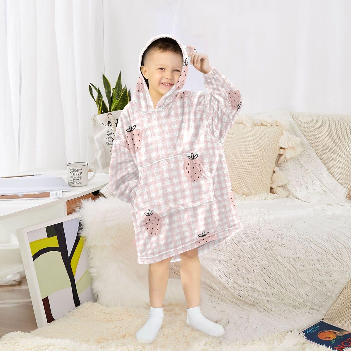 Różowa truskawka dziecięcy koc do noszenia bluza z kapturem oversize bluza koc sweter w kratę dla chłopców i dziewcząt w wieku 3-14 lat