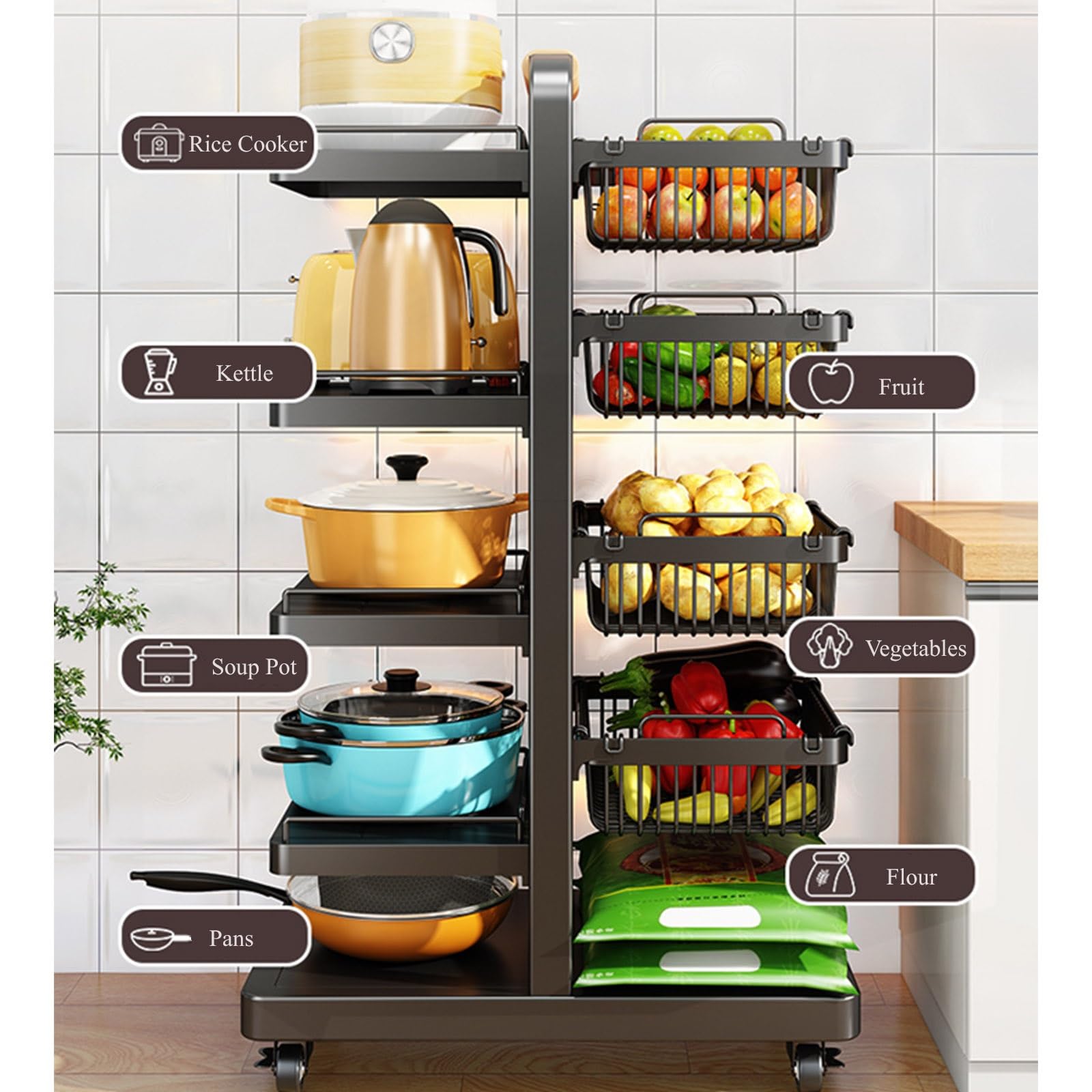 Rejilla ajustable para sartenes y ollas de 10 niveles con 6 bandejas, 4 cestas y ruedas, soporte para utensilios de cocina a presión, estante de almacenamiento de hierro fundido resistente para coci