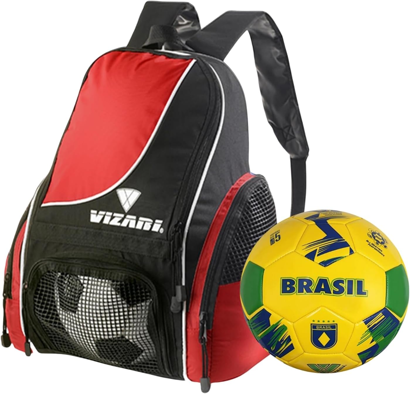 Vizari Solano Multi-Sport Backpack (Red) with National Team Soccer Ball Combo | Versatile Sports Backpack with Durable Faux Leather & Rubber Country Ball (Brasil, Size 3)