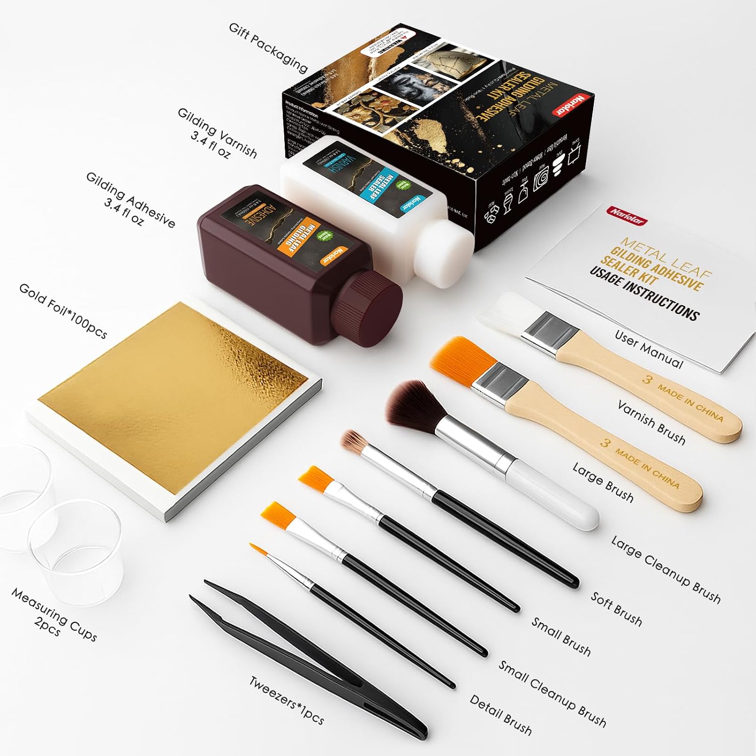 Nariolar Gold Leaf Adhesive Kit Art All-in-One for DIY Crafts & Home Decor