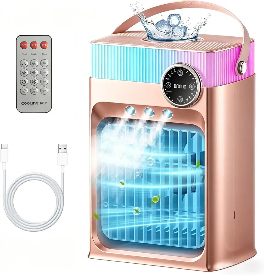 Ar-Condicionado Portátil, Mini Aparelho de Refrigeração para Quarto, Pequeno Climatizador de Ar de 1200ml com Controle Remoto, 3 Níveis de Névoa e 3 Velocidades(Ouro Rosé)