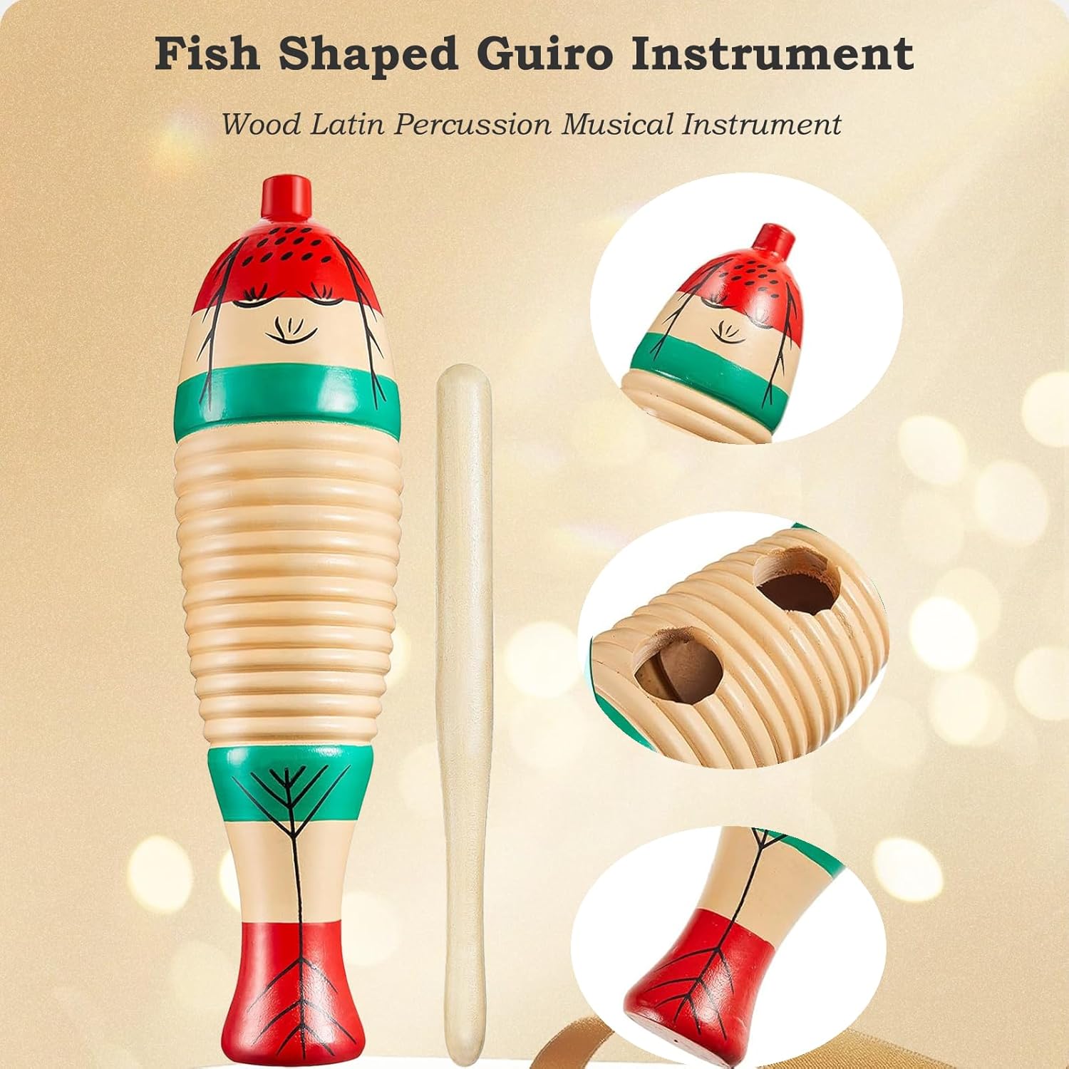 6 IN Wood Tambourine, Guiro Instrument Fish Shaped, Wooden Maracas, Egg Shakers, 6IN Musical Steel Triangle, Colorful Wooden Musical Instruments for Adults, Kids, Ideal Percussion