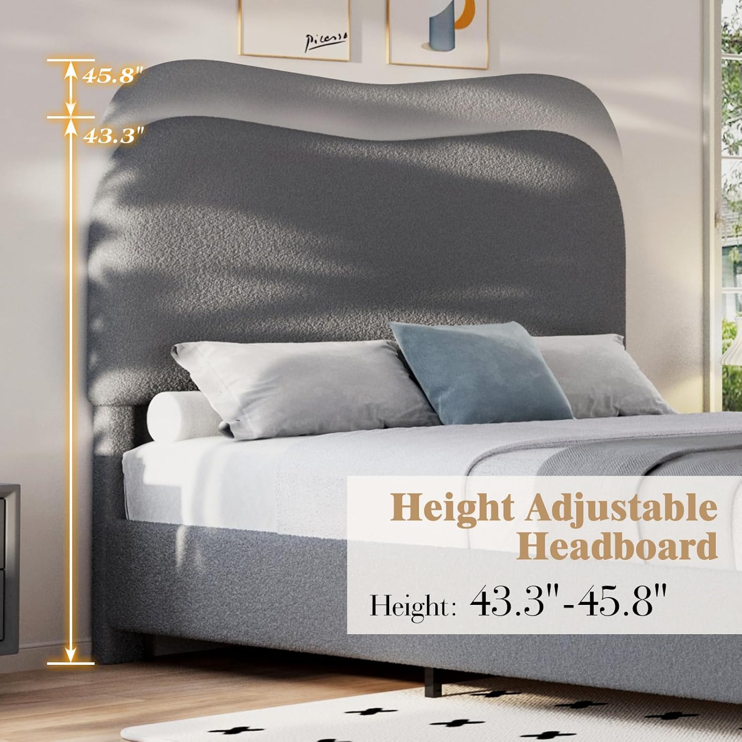 LUXOAK Queen Size Boucle Upholstered Platform Bed, Modern Bed Frame with Adjustable Curved Headboard and Solid Wood Legs, Easy Assembly, No Box Spring Needed, Light Grey