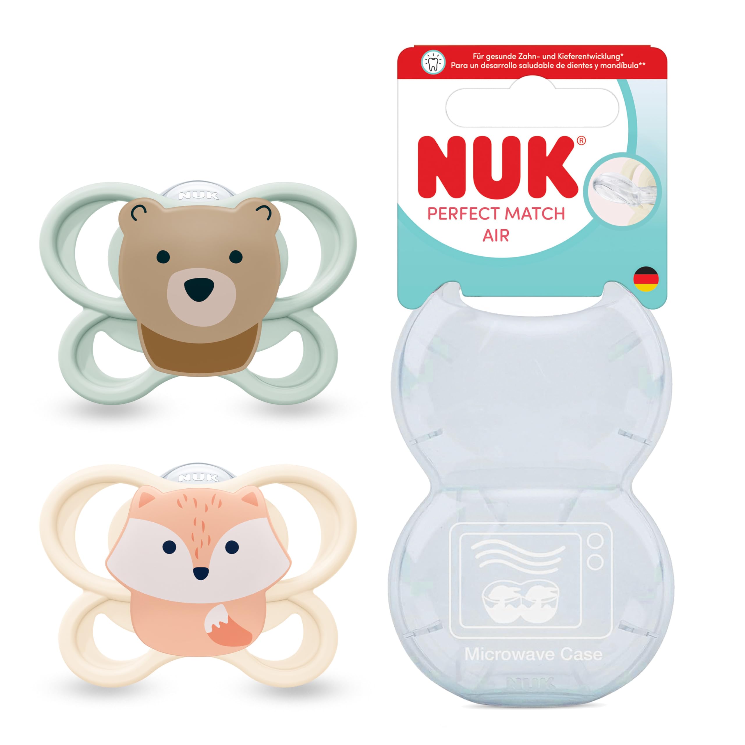 NUK Perfect Match Air tétines pour nouveau-nés | 0-2 mois | Sucettes orthodontiques favorisant l’aération et prévenant l’irritation | 95% d’acceptation par les bébés** | Renard/Ours | Lot de 2