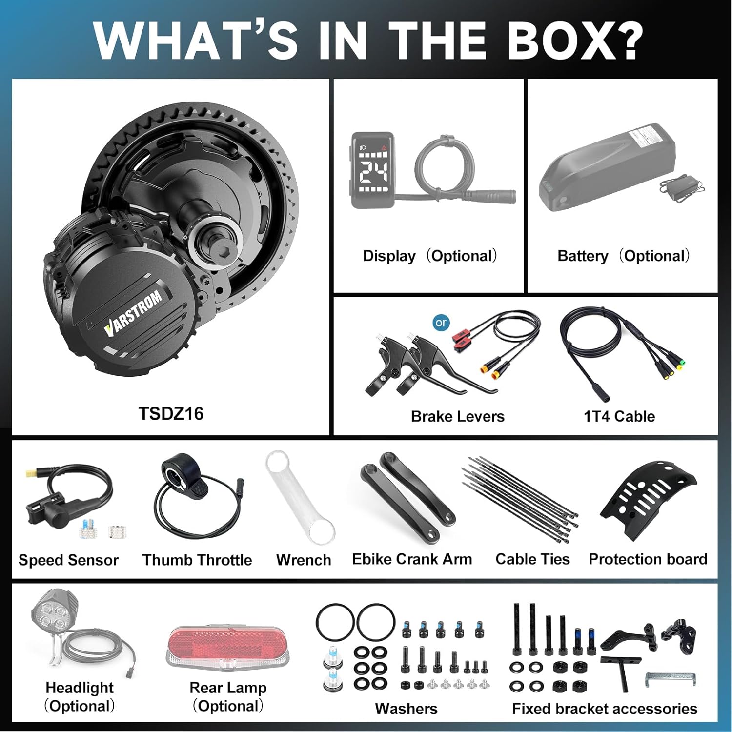 Contents of the Varstrom TSDZ16 Mid Drive Motor Kit box
