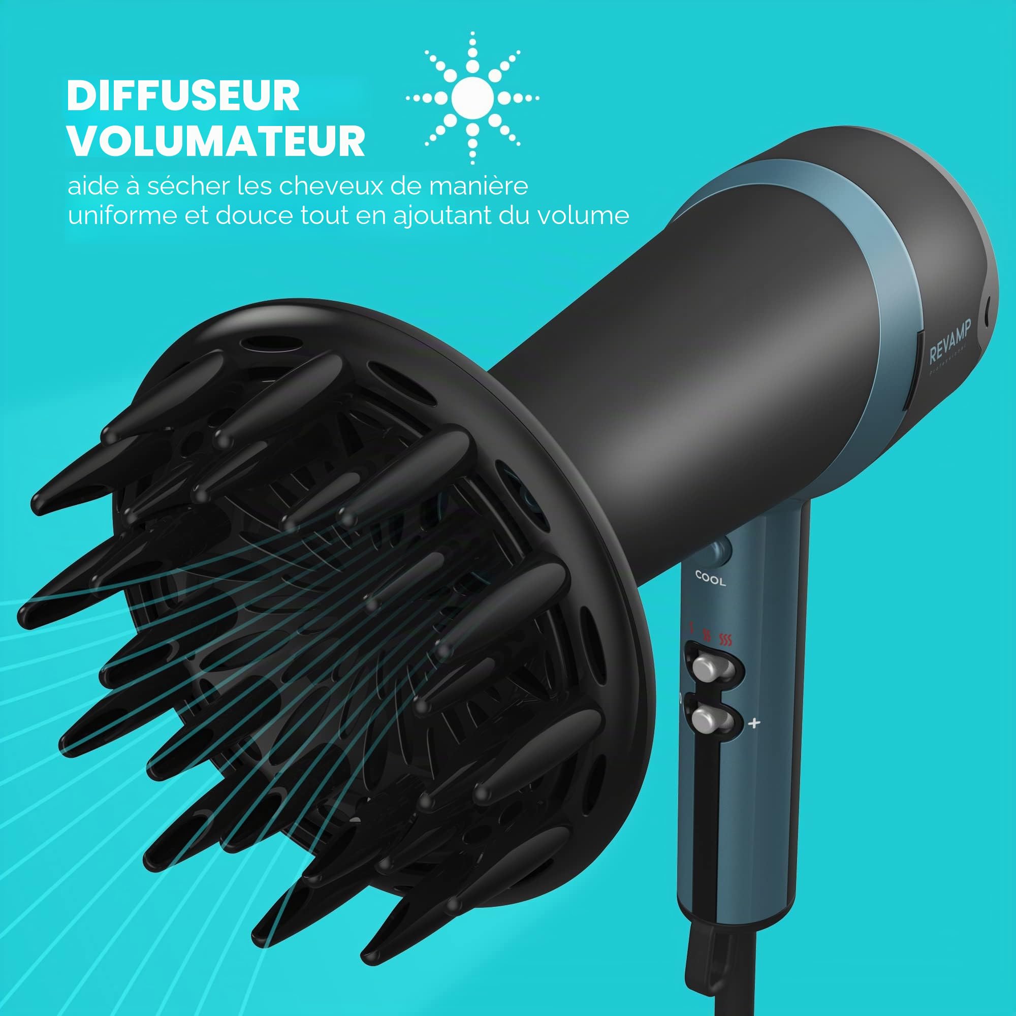 REVAMP Progloss 3800 Sèche-Cheveux Quadri-Ionique| Léger avec Embout Concentrateur et Volumateur | Pour lisser ou boucler |Infusé D’Huiles pour Des Cheveux Brillants et Soyeux | Noir/Bleu