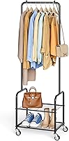 AOODA Small Clothes Rack with Shelves - Sturdy Metal Rolling Garment Rack on Wheels for Shirts, Coats, Shoes, Bags in Tight Spaces (Black, 13.8x18.5x70")