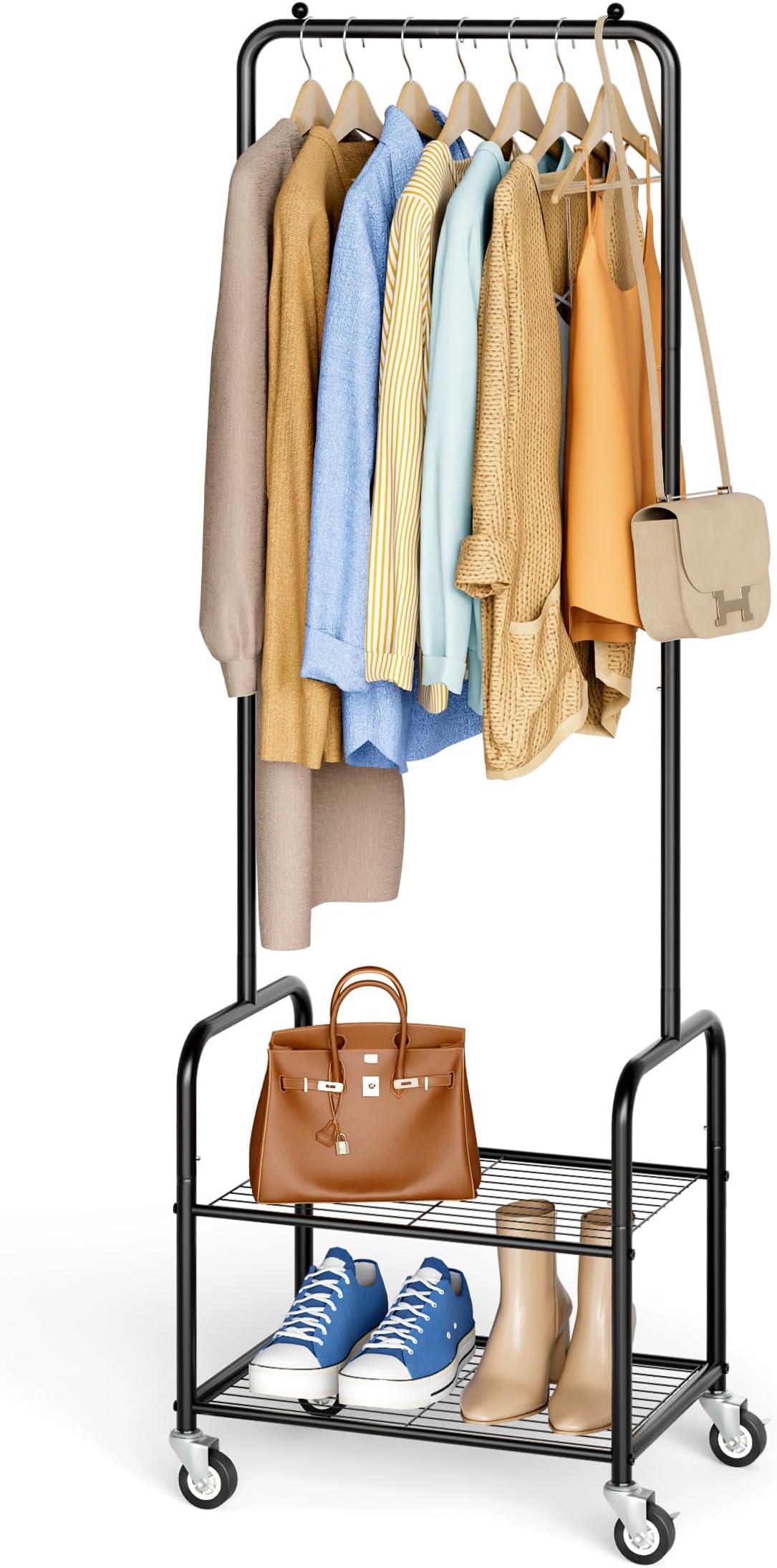 AOODA Small Clothes Rack with Shelves, Metal Sturdy Rolling Clothing Racks for Hanging Clothes, Portable Garment Rack with Wheels for Shirts, Coats, Shoes, Bags (Black)