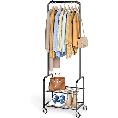 AOODA Small Clothes Rack with Shelves, Metal Sturdy Rolling Clothing Racks for Hanging Clothes, Portable Garment Rack with Wheels for Shirts, Coats, Shoes, Bags (Black)