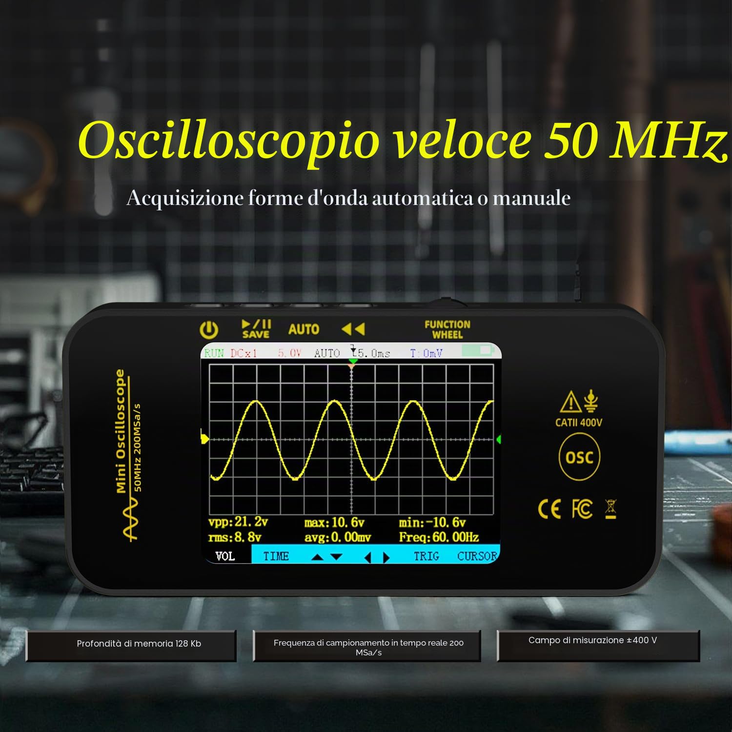BSIDE OT5 Mini Oscilloscopio Digitale Portatile 50MHz Larghezza di Banda 200MSa/s Oscilloscopio Tascabile Ricaricabile Ultra Sottile con LCD a Colori 3,2 Pollici per Elettronica Audio Automotive