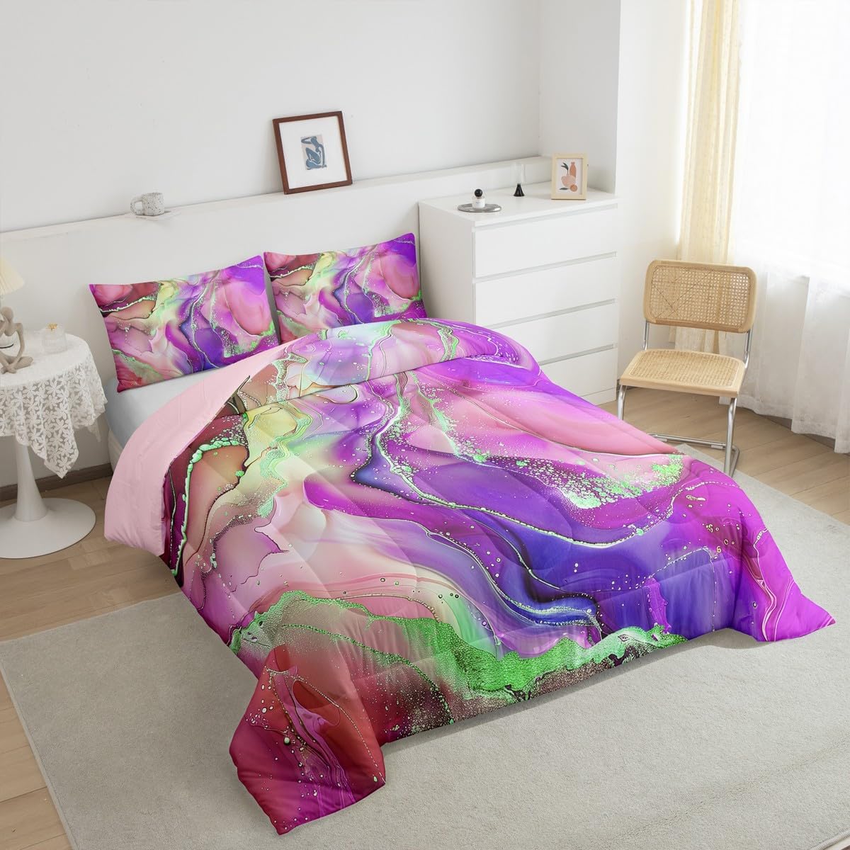Erosebridal Girly Pink and Purple Queen Bedding Sets Aesthetic Marble Comforter Set for Girls Women, Foil Print Down Comforter Mountain Fluid Bedding Comforter Sets, Rainbow Tie Dye Duvet Insert