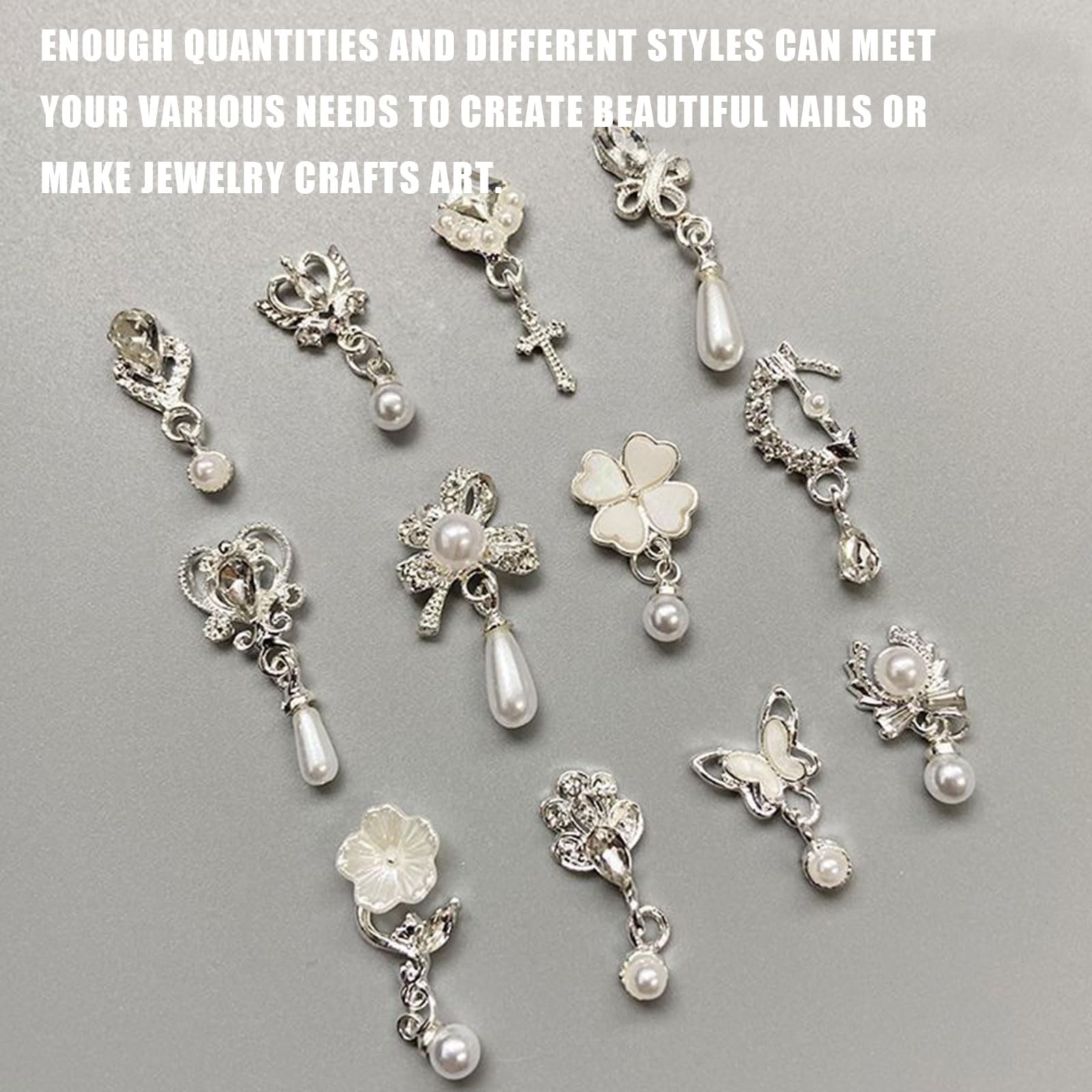 OTKARXUS Dangle Nail Charms,20PCS Luxury Butterfly Flower Pearl Bow Nail Gems,3D Silver Alloy Metal Nail Rhinestones and Gems Nail Jewelry for Nail Art Design Decoration (Silver B) - Image 4