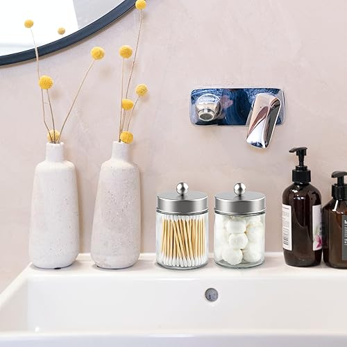 Miniatura 9 de Goramio Paquete de 4 tarros de boticario de vidrio con tapas para baño, bonito soporte para Qtip, juego de accesorios de baño negros, pequeños