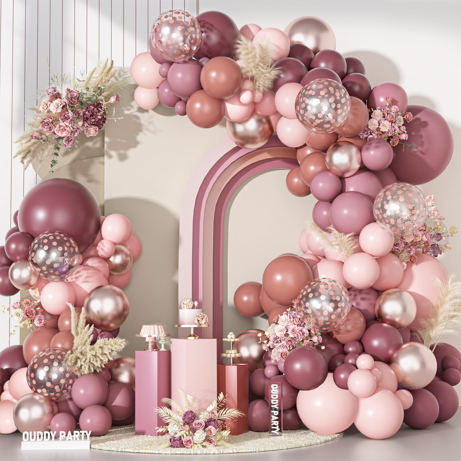 Photo 1 of Ouddy Party Dusty Rose Pink Balloons Garland Arch Kit, Different Sizes 18 12 10 5 Inch Pink Mauve Retro Blush Purple Latex Confetti Balloons for Valentines Day Boho Birthday Wedding Party Decorations
