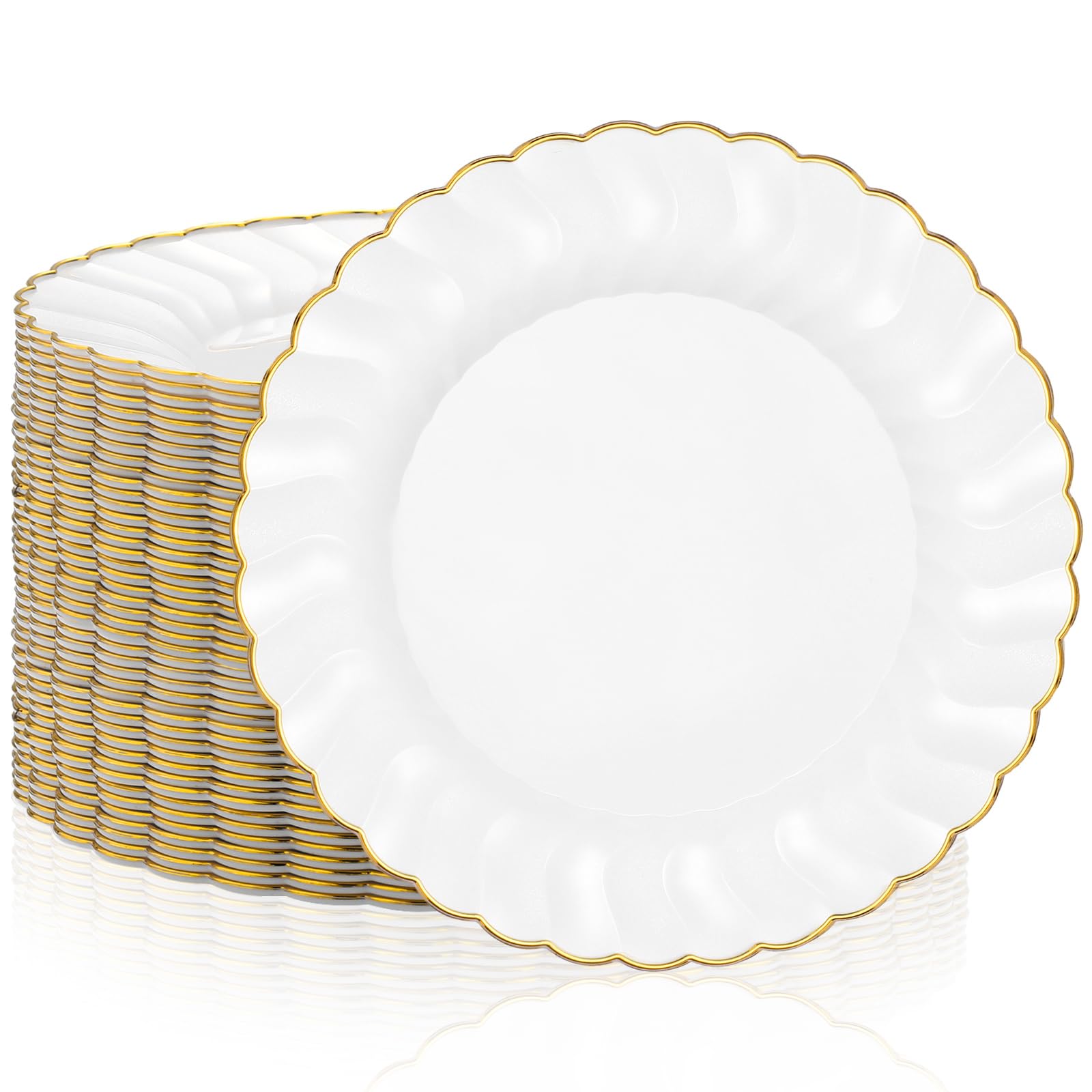 Hushee 100 Pcs Plastic Plates with Gold Trim 6'' Small Round Disposable Vintage Dessert Plates for Party Birthday Buffet Wedding Catering Celebration Reception (White)