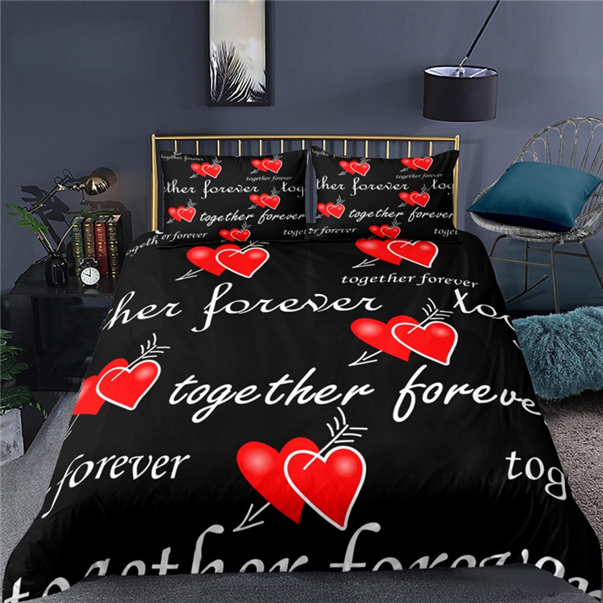 Housse de Couette 140x200 Cœur Rouge avec Taies d'Oreiller Lit Simple Motif Graffiti