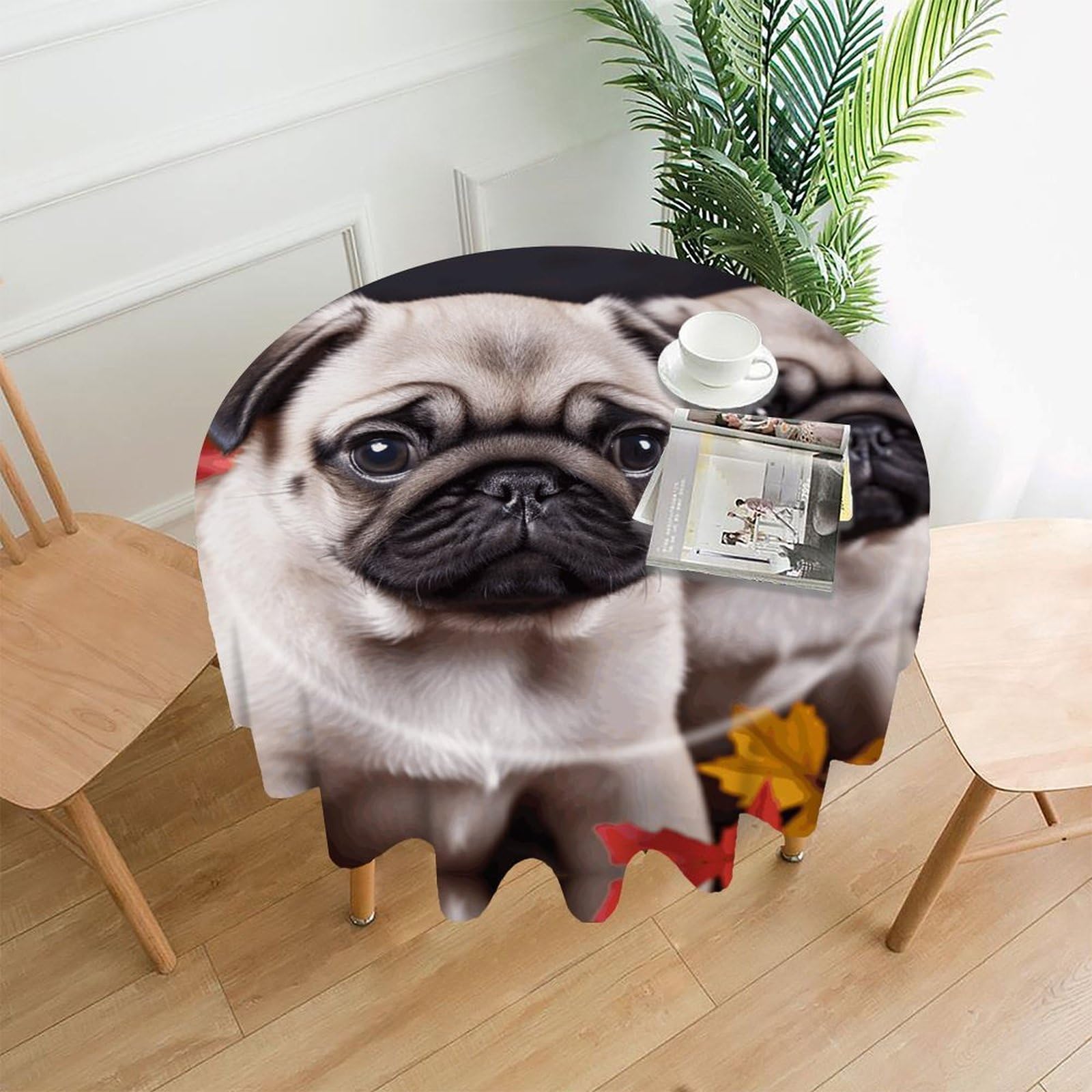 MUSM 60 Inch Puppys Pug Round Tablecloth Wipeable Washable Table Cover for Kitchen and Dining Room Decorative Table Cloth for Party Holiday Picnic Outdoor