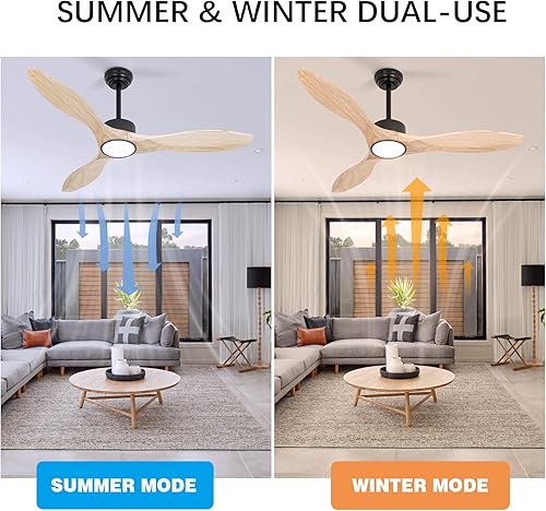 Miniatura 4 de Ventiladores de techo de 52 pulgadas con luces y control remoto, 3 aspas de madera natural, moderno ventilador de techo para interiores y
