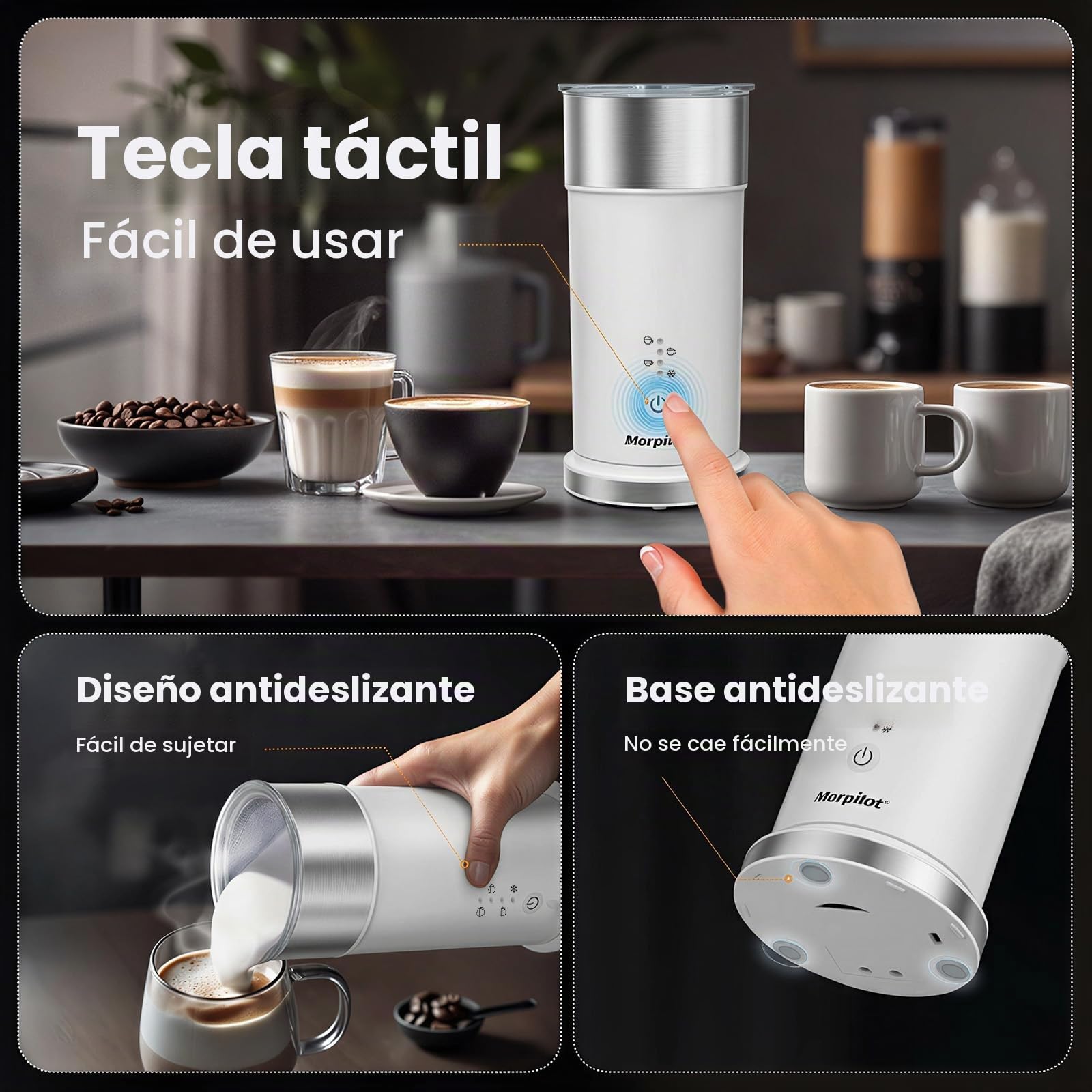 Morpilot Espumador de Leche Eléctrico Automático, Función 4 en 1, Acero Inoxidable, para Espuma Fría y Caliente, Latte, Capuchinos y Macchiato, Blanco