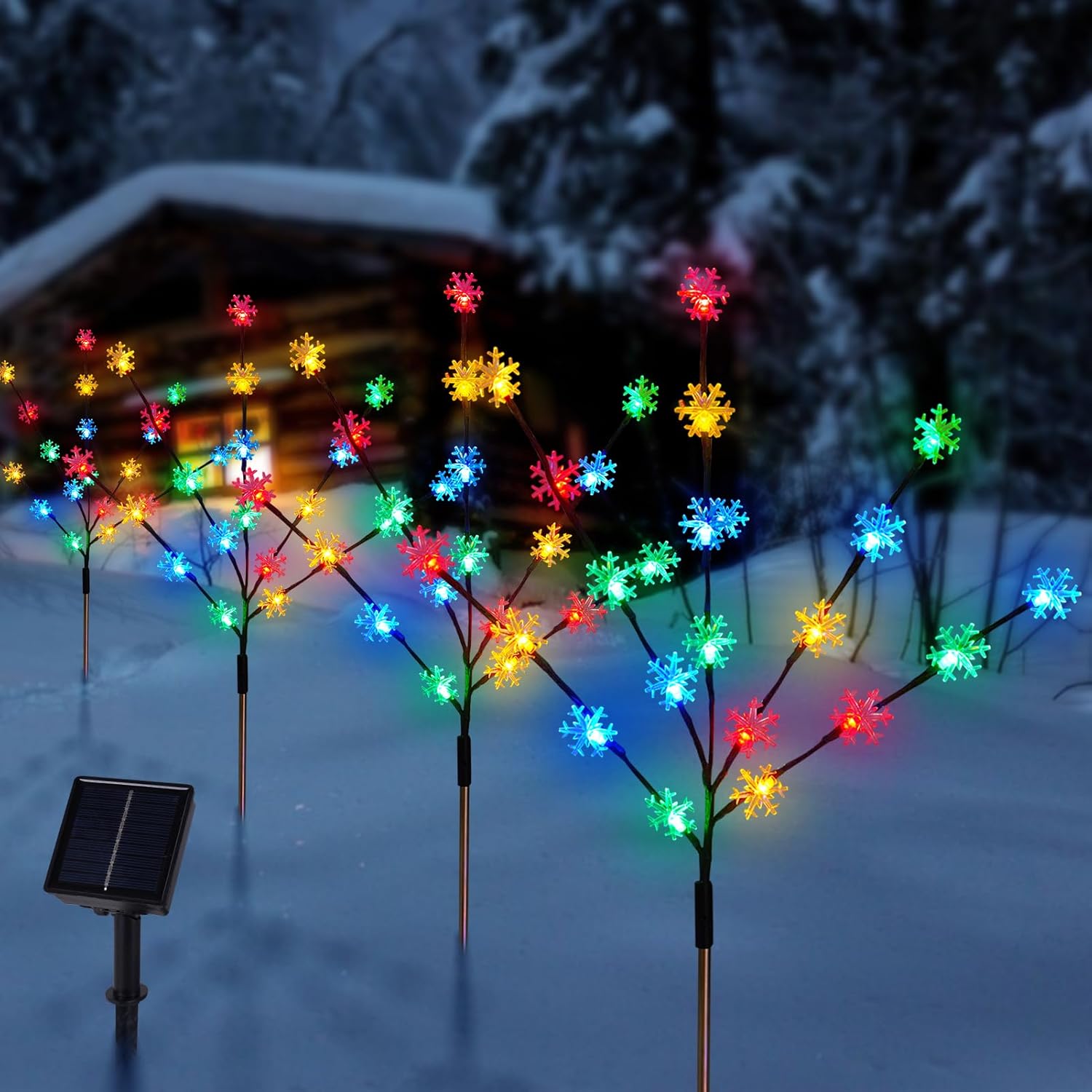 Solar Christmas Pathway Lights for Outside, 4 Pack Artificial Tree Snowflake Stake Lights, Waterproof Christmas Decorations for Yard Garden Patio Party Winter Decor (Cool White) Multi-Colored Snowflake Tree