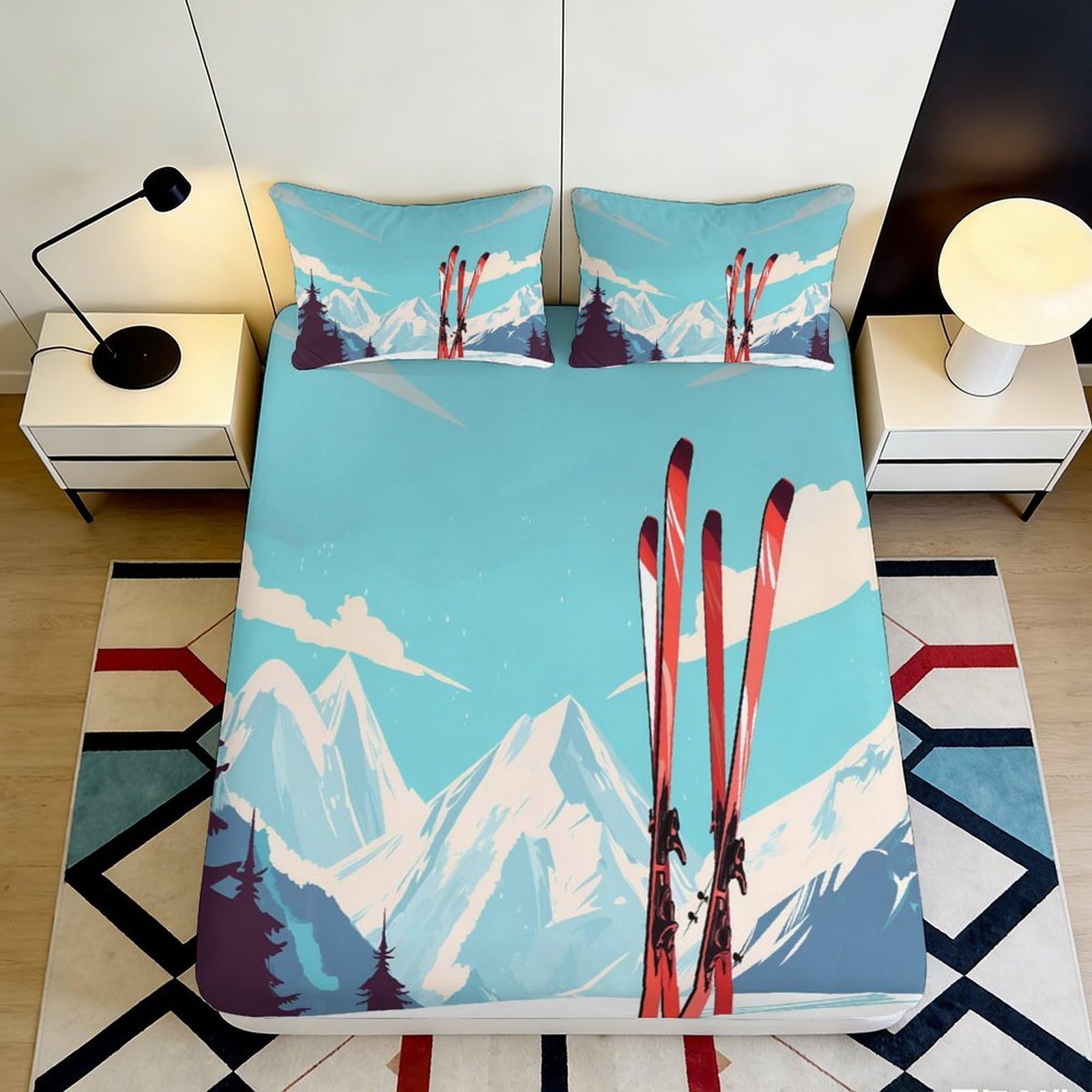 3D Printed Ski Mountain Fitted Sheet Microfiber Deep Pocket Elastic Hem Bedroom Bedding Ski Theme Mattress Fitted Cover Washable Protection 140x200x25cm