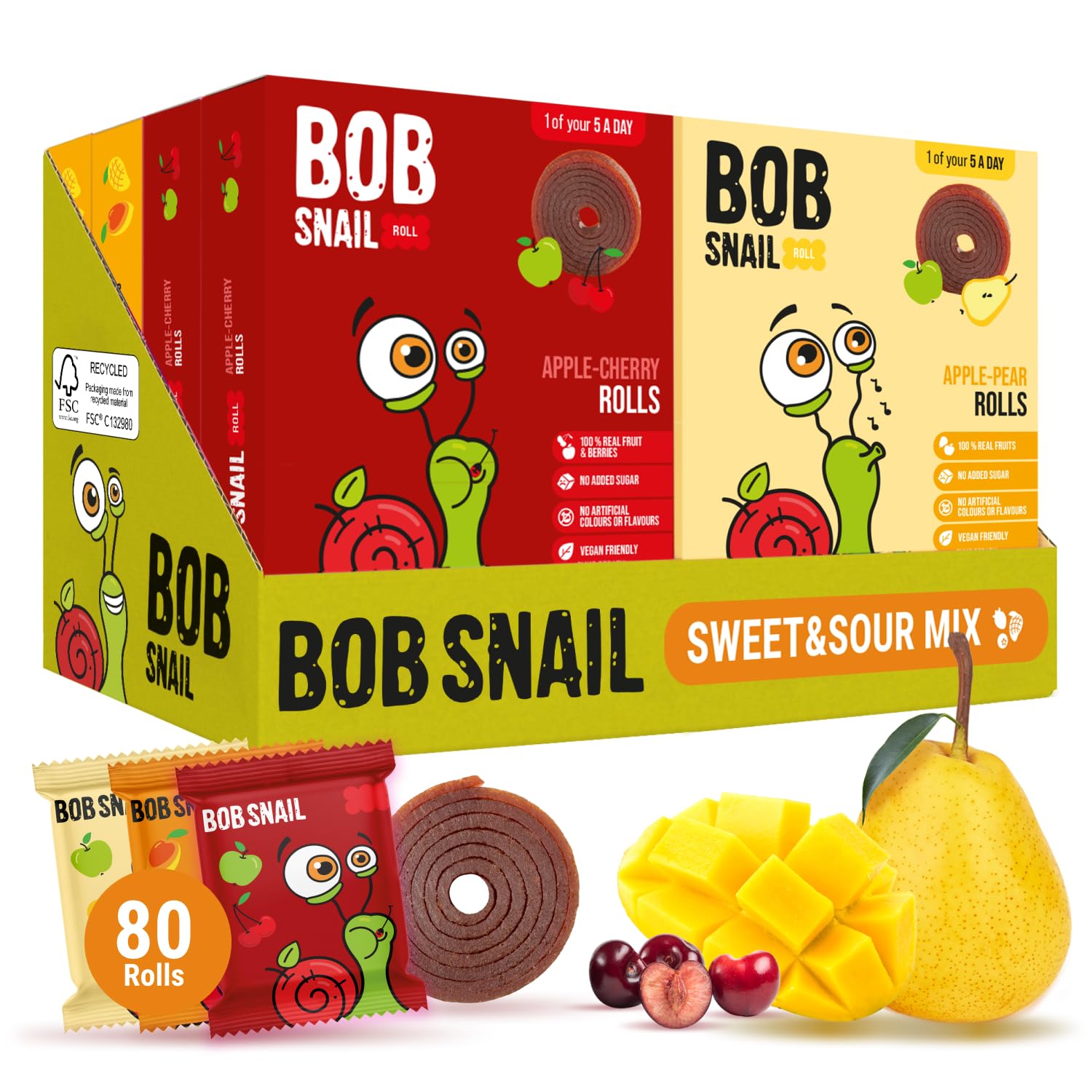 Bob Snail Fruit Roll Ups – Healthy Sweets Snacks, Real Dried Fruits, No Added Sugar, Vegan, Nut Free, Candy for Adults, Kids, with Mango, Pear, Cherry – Bulk 80 pcs Rolls, 800g