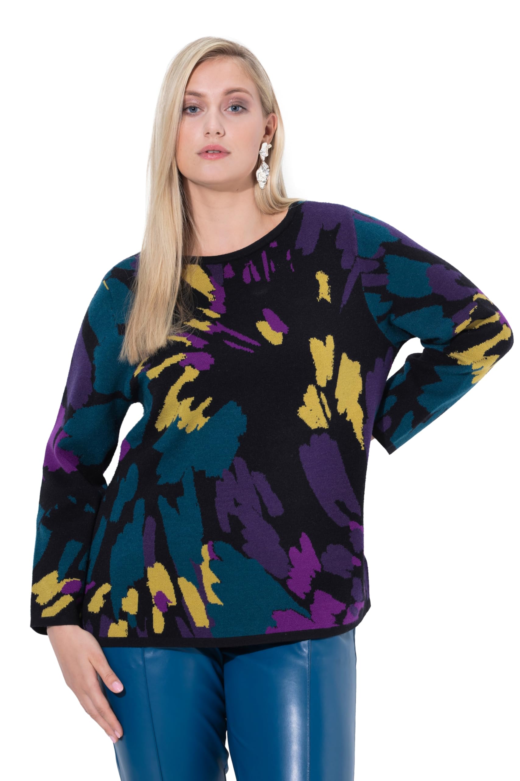 Ulla Popken Damen große Größen Übergrößen Plus Size Pullover, Jacquardmuster, U-Boot-Ausschnitt, Langarm 843165