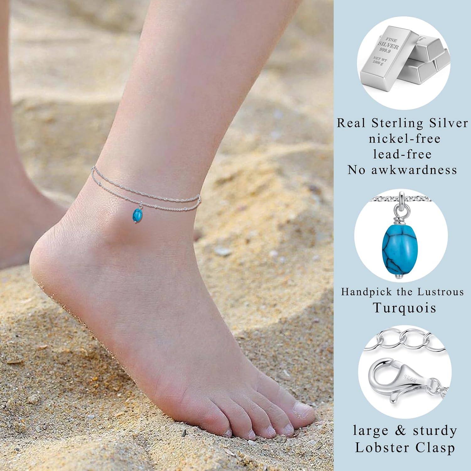 S925 Sterling Silver Layered Ankle Bracelet for Women Non Tarnish 14K Gold Plated Multilayer Women's Anklets Jewelry Pearl/Moss Agate/Turquoise Charm Pendant Adjustable Beaded Foot Link Chain Dainty Cute Beach Gifts