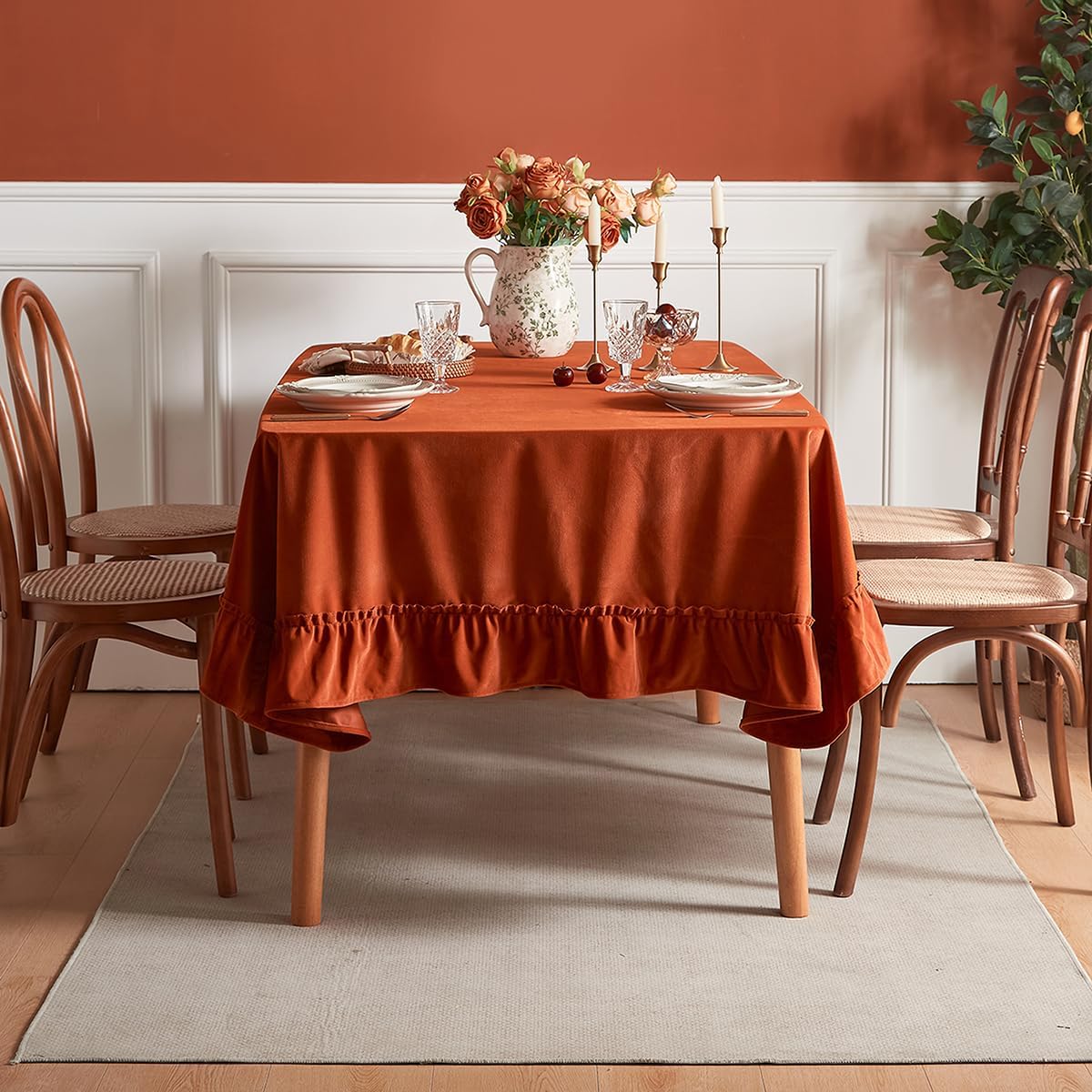 Soft Luxurious Velvet Tablecloth Ruffled Solid Color Rectangular Thick Tablecloth, Vintage Farmhouse Style, Washable Suitable for Parties Weddings Baby Shower, Kitchen（60 X 102 Inch） Orange