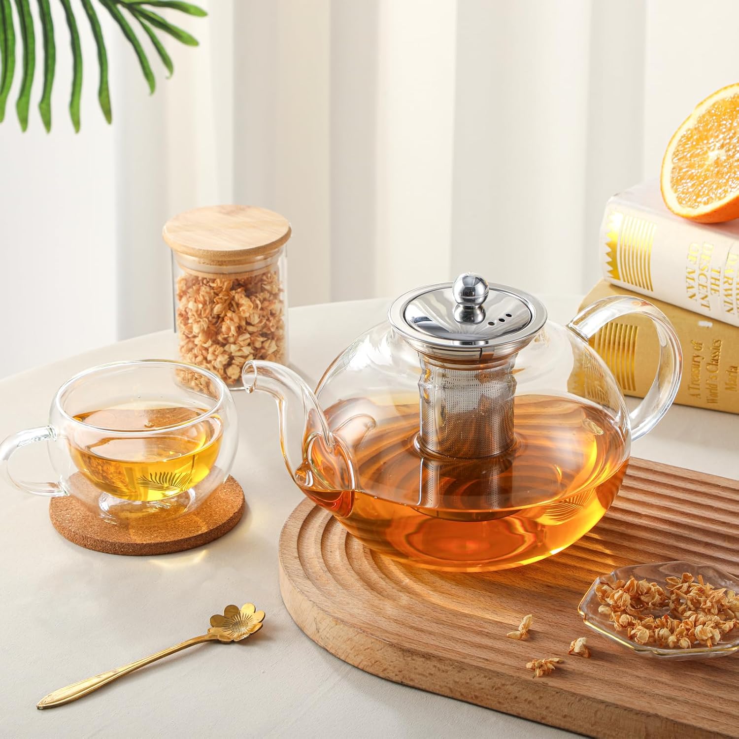 50OZ/1500ML Glass Teapot Set with 4 Double Wall Teacups & Removable Infuser, Stovetop & Microwave Safe Clear Tea Maker Water Kettle with 7OZ/200ML Tea Cups for Loose Leaf Blooming Tea - Image 9