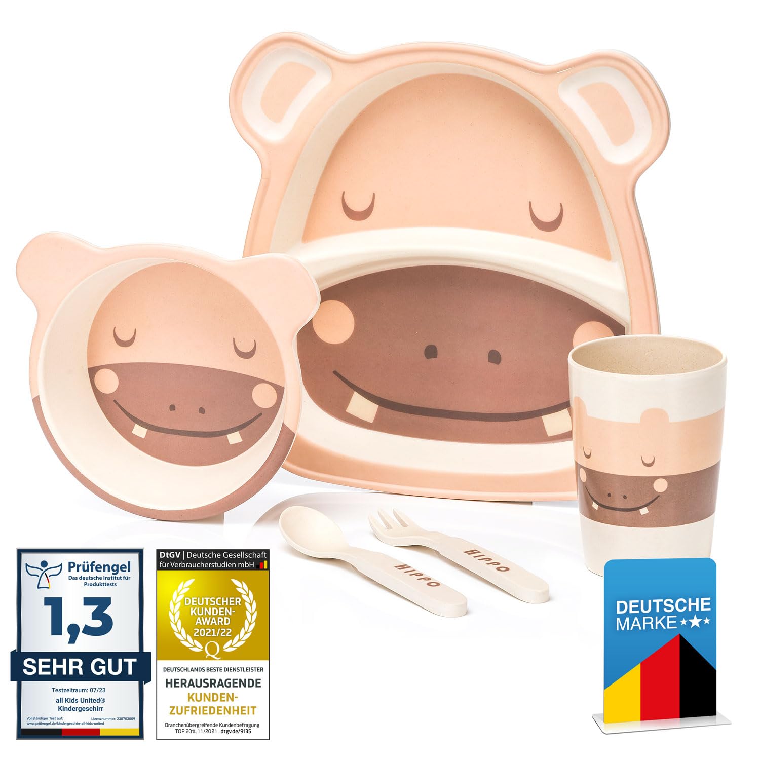 all Kids United® Kindergeschirr-Set aus Kunststoff; 5-teiliges Mehrweg Geschirr-Set mit Tier-Motive; Becher, Schüssel, Teller, Löffel & Gabel für Kinder (Hippo)