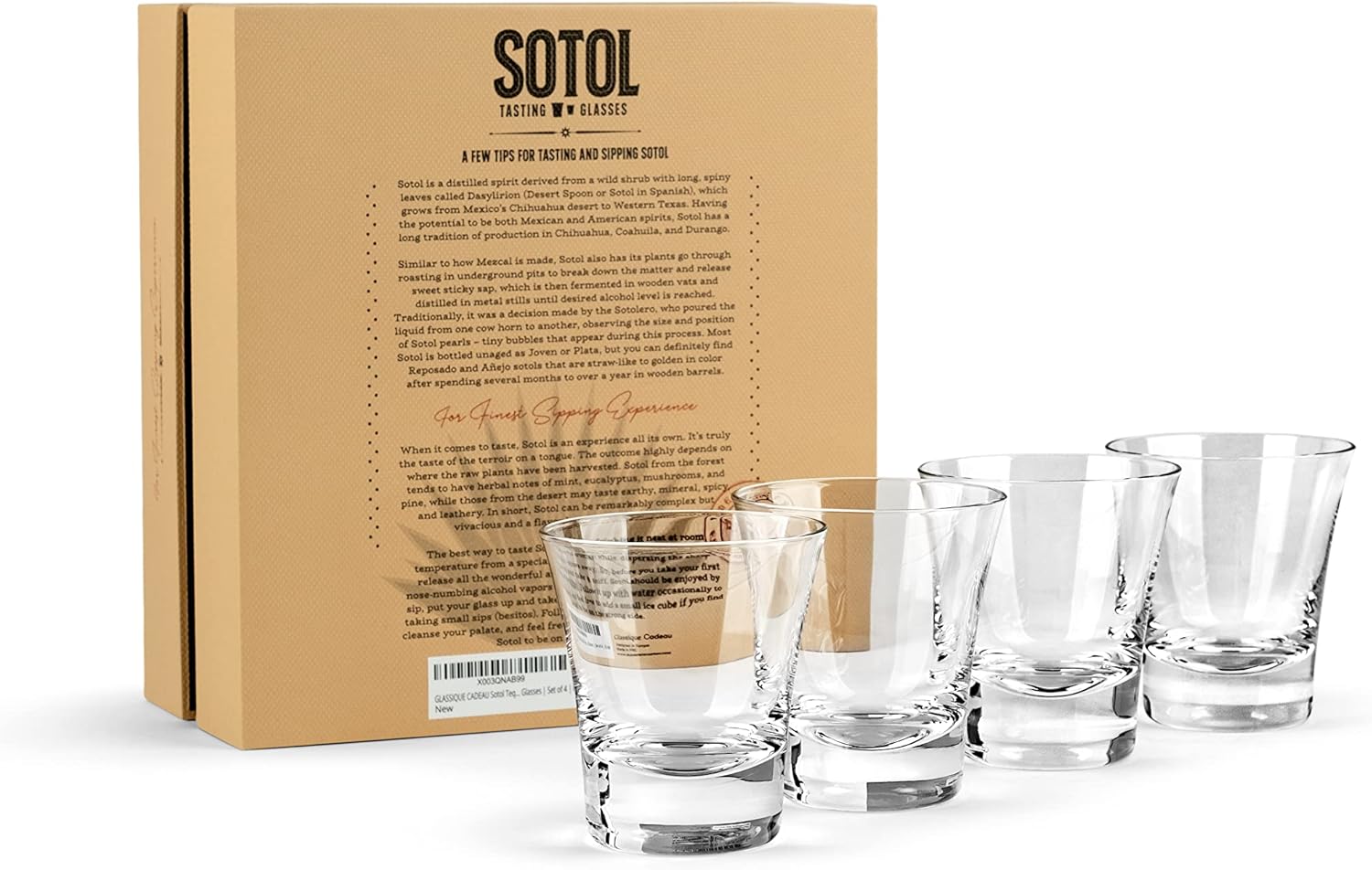 Sotol and Tequila Sipping Glasses | Tequila Glassware Collection | Set of 4 | 6 oz Professional Sippers for Drinking Joven, Reposado, Anejo Sotols | Stemless Heavy Based Liquor Snifters