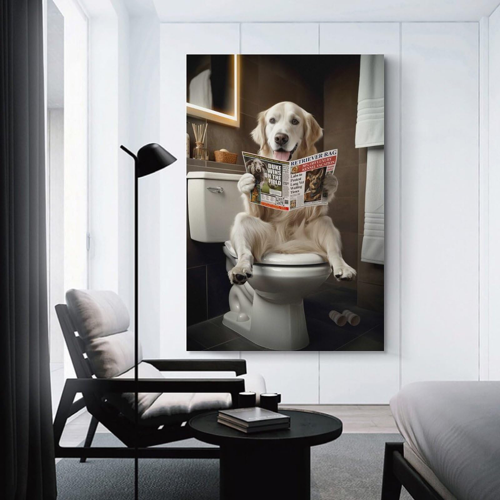 Junmoney Unframe-Style-15 English Retriever Reading On Toilet Decorative Wall Artwork 24X36inch(60X90cm), For Corridors, Hallways Or Apartment Entries, Home Artwork For First Impressions