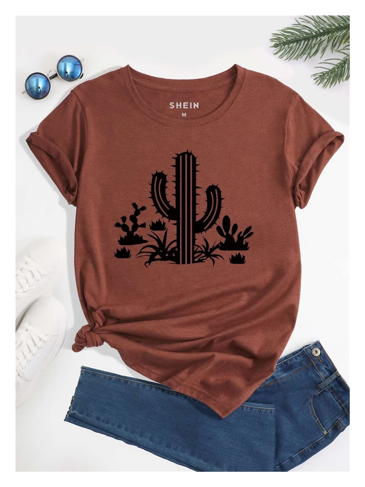 T-shirt femme cactus marron rouille M idéal pour l'été
