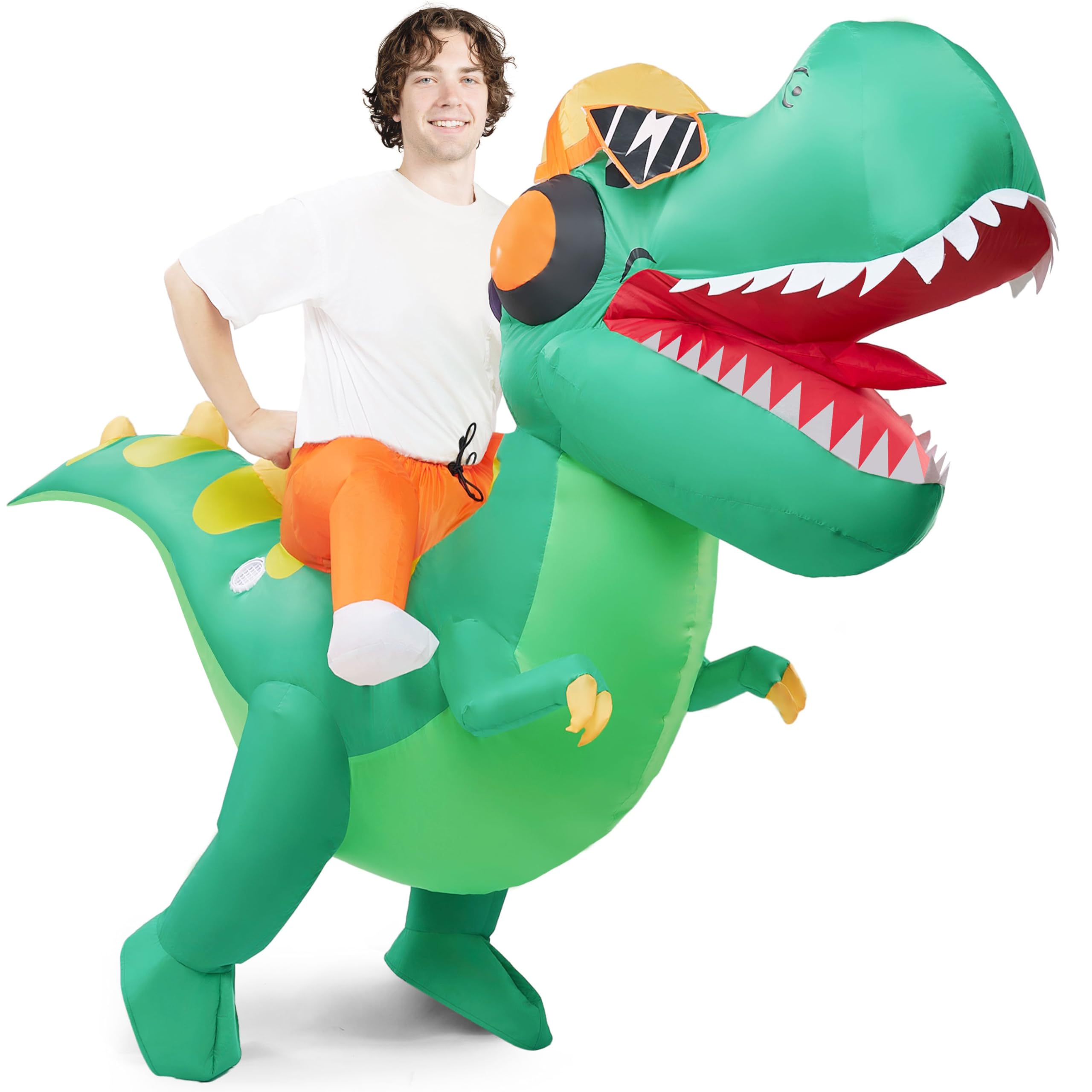 Spooktacular CreationsAdult Halloween Inflatable Costume, Riding a Hip-hop Dinosaur Blow-up Costume, Green Inflatable T-rex Deluxe Ride On Halloween Costume for Halloween Cosplay Parties