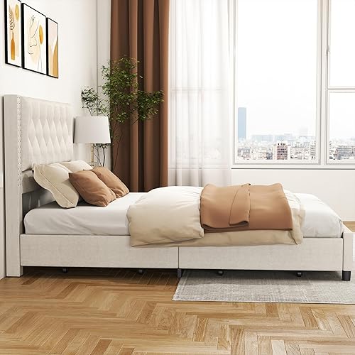 Miniatura 7 de Base de cama tamaño Queen con cabecera tapizada, 4 cajones de almacenamiento, estructura de metal resistente, no necesita somier, fácil montaje