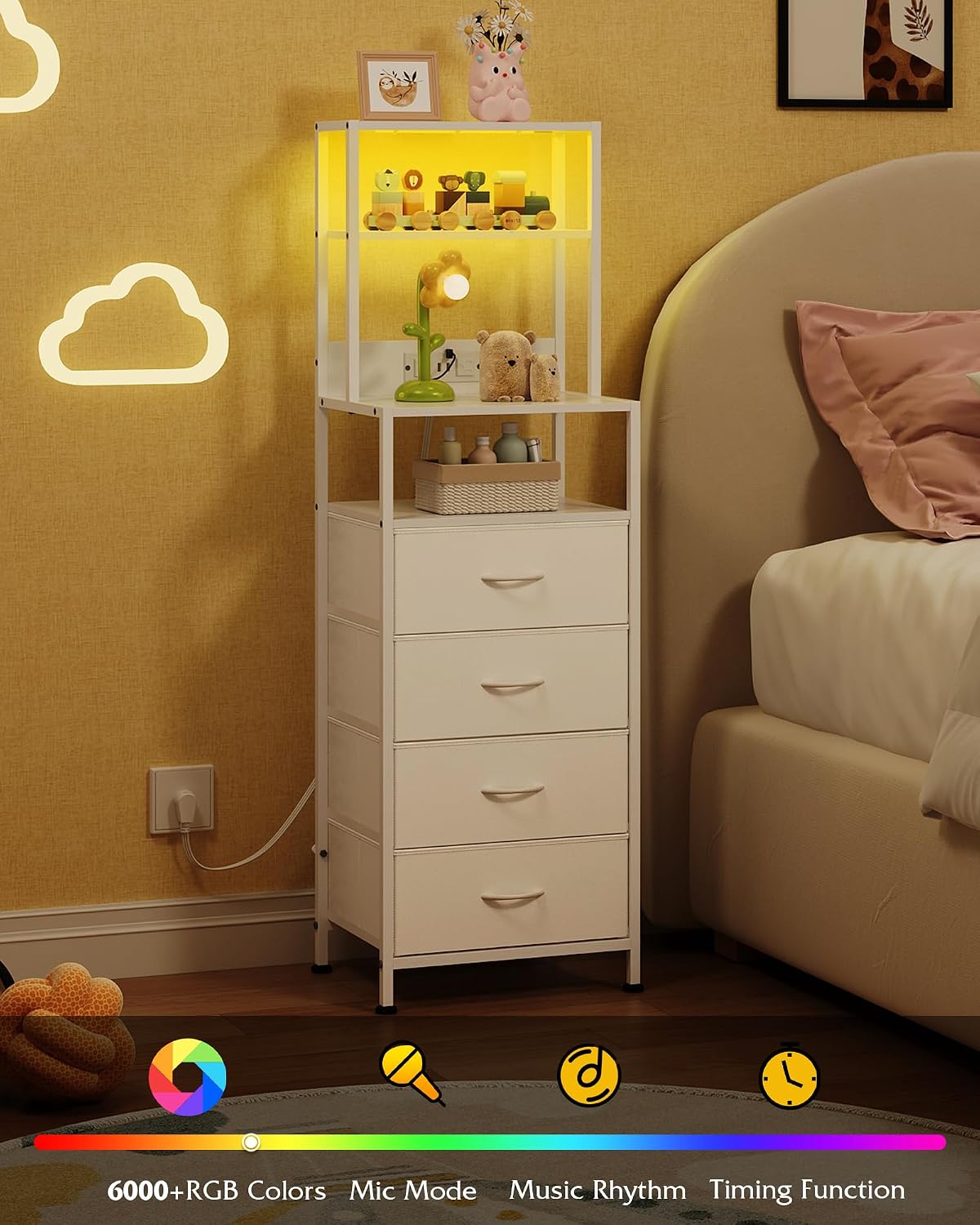 WLIVE Night Stand with LED lights displaying various color options and app control features