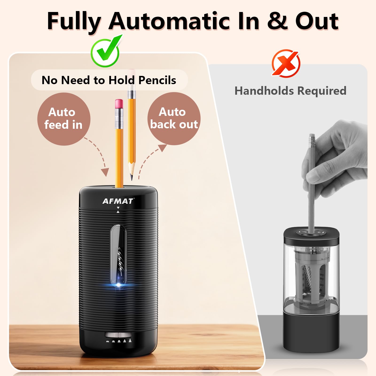 AFMAT Electric Pencil Sharpener Fully Automatic Pencil Sharpener Auto in & Out Rechargeable Hands-Free Sharpeners for Jumbo & Colored Pencils 6.5-12mm Portable for HomeClassroomOffice PSC2 product thumbnail 4