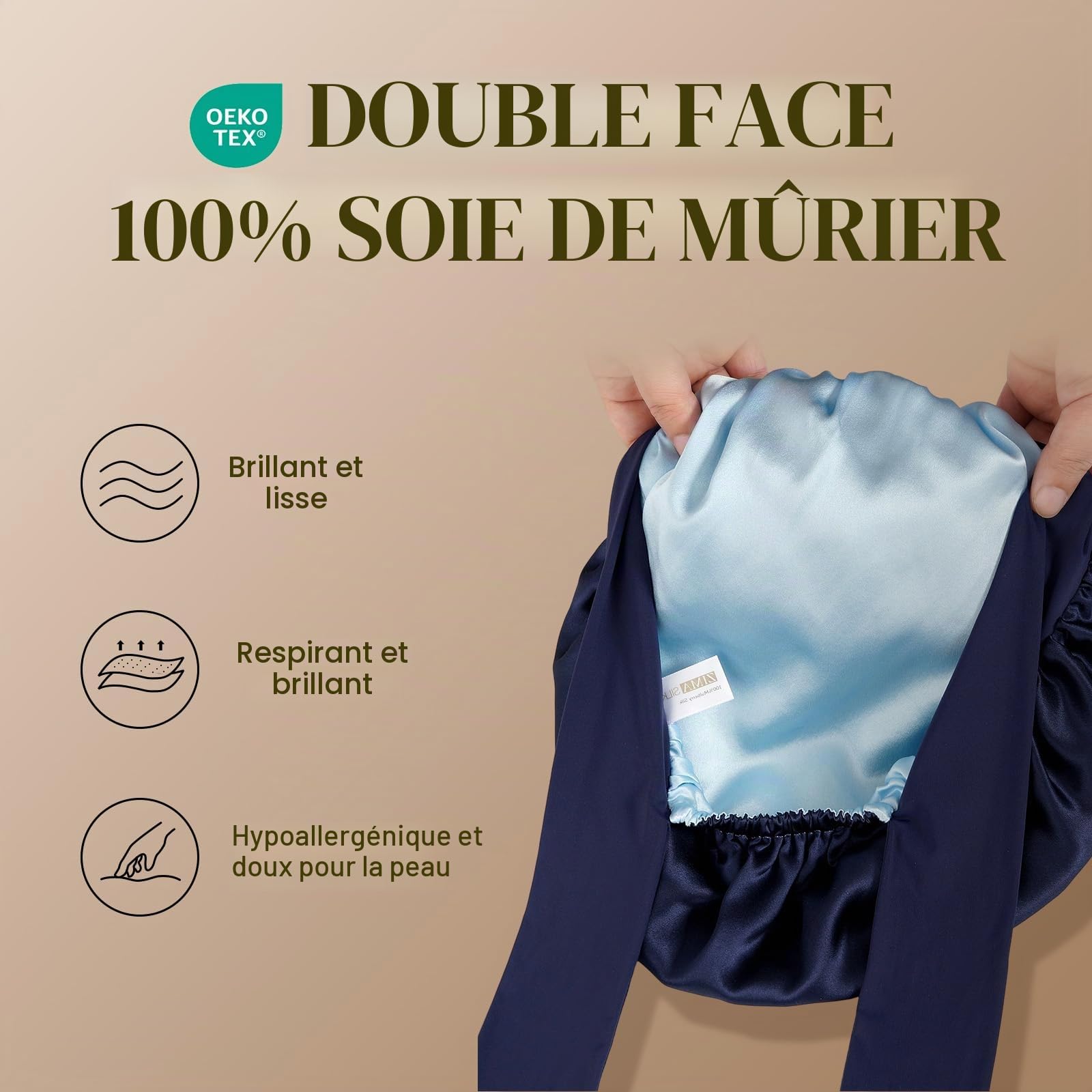 ZIMASILK 100% Soie de Mûrier 19 Momme Bonnet de Nuit pour Dormir Shower Cap Bonnet de Douche pour Femmes Cheveux Longs, Double Couche, Bande Élastique et à Nouer, Antidérapant (1 Pièce, Bleu Marine)