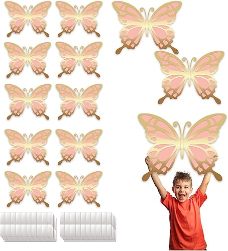 Miniatura 1 de Juego de 12 calcomanías de mariposa grande en 3D de color rosa para fiestas, 2 capas de papel gigante, mariposas grandes, para decoración de pared,