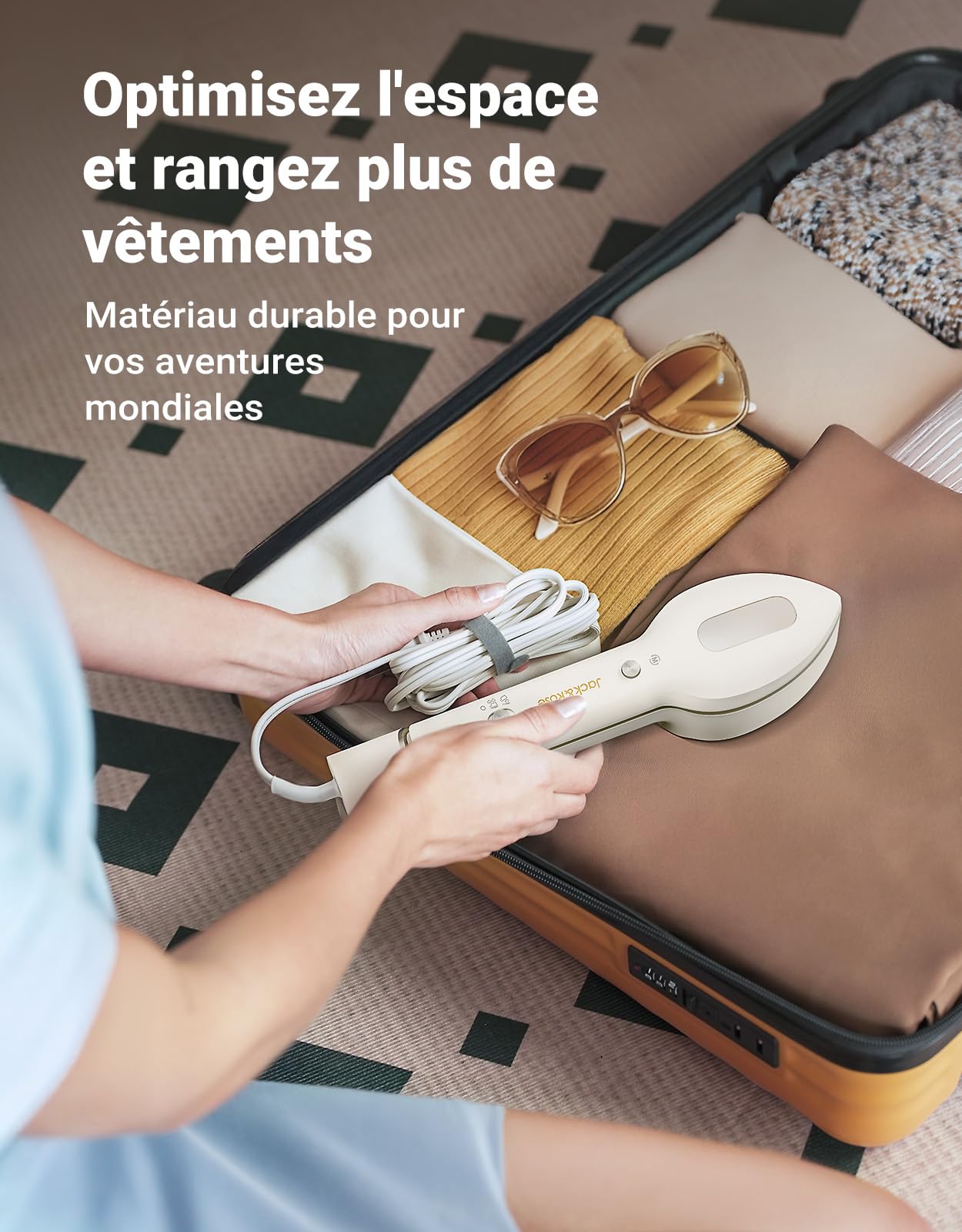 Défroisseur Vapeur Voyage 1000W, 100-240V double Tension Presses à repasser vapeur portatif, 6+1 motifs textiles, 15s chauffage Express, compact & sécurisé