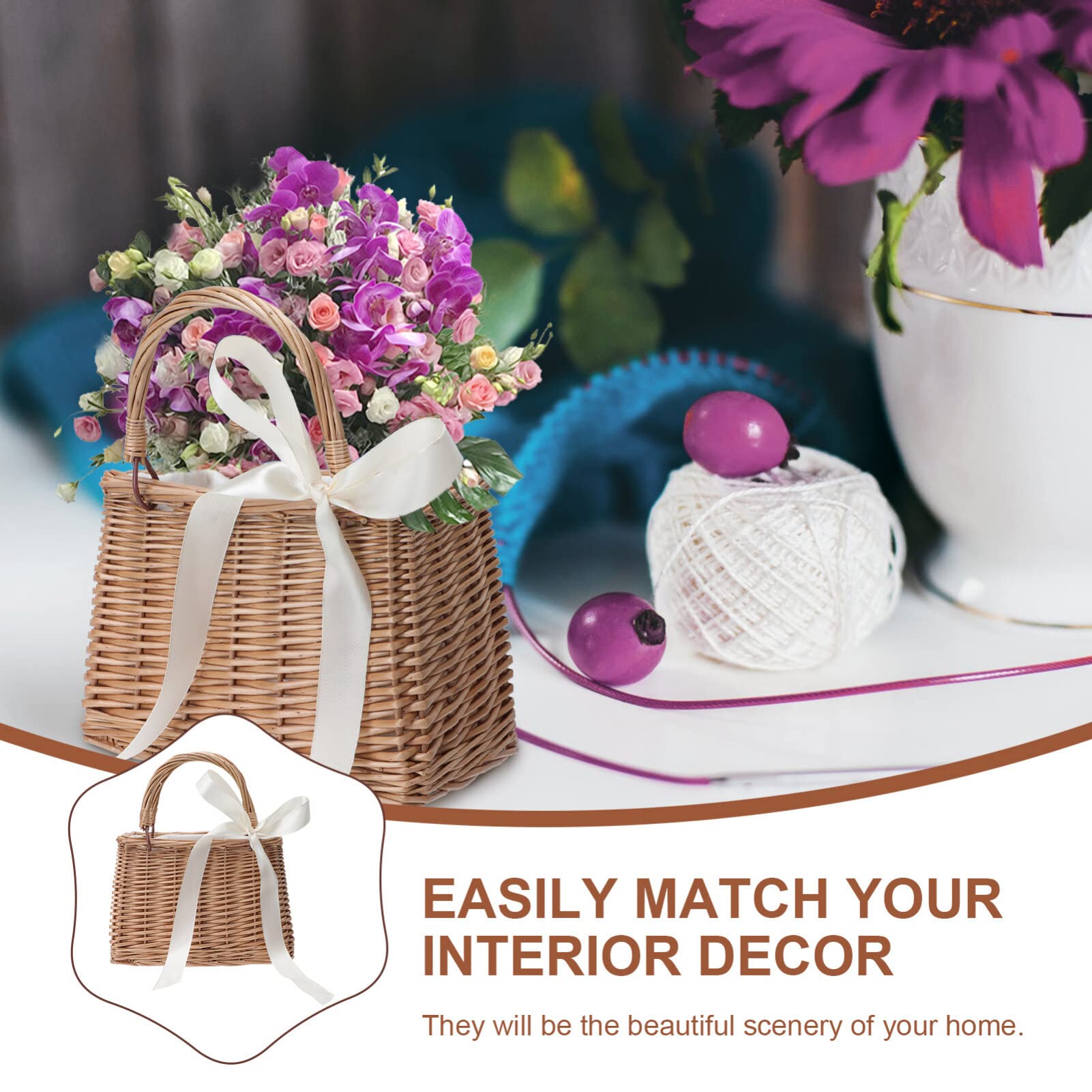 iplusmile Cesta De Mimbre Con Asa Cesta Tejida De Mimbre Bolso De Mano Tejido A Mano Con Soporte Para Flores Bolso Para Niña
