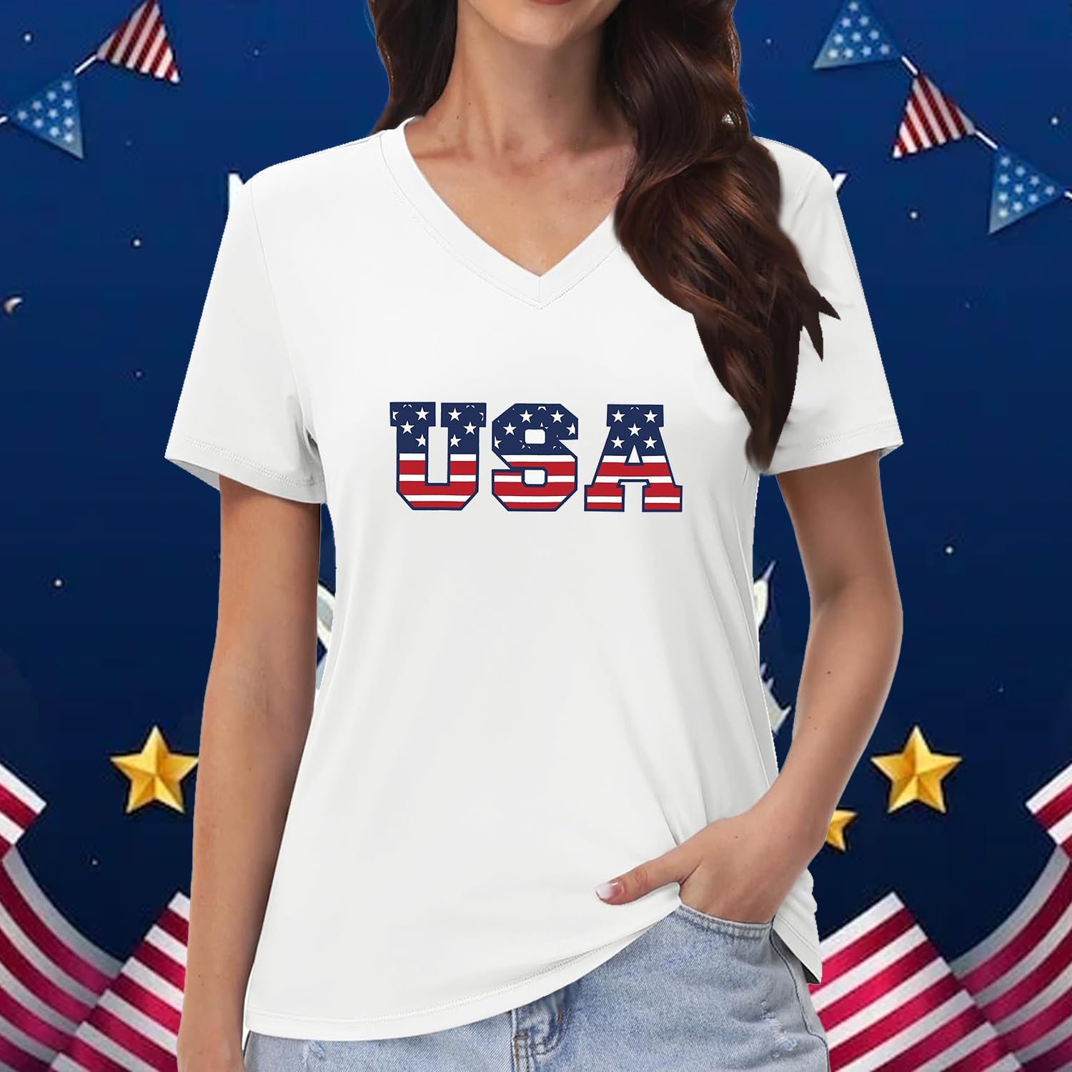 4th of July Shirts Women USA T-Shirt American Flag V-Neck Tee Tops - Image 3