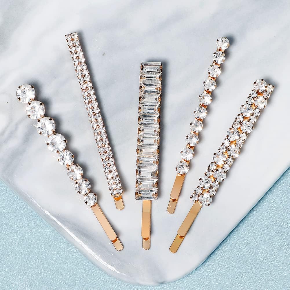 CatYou 5 Pieces Crystal Hair Pins Metal Rhinestone Bobby Pins Sparkly Glitter Hair Clips Hair Accessories for Women Girls Hair Decoration,White