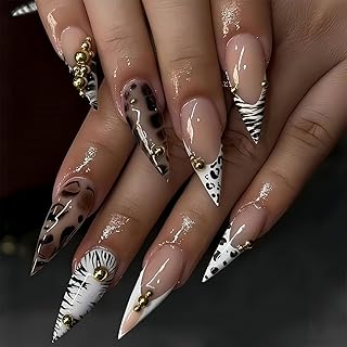 Lange Stiletto Press On Nägel - Lange Künstliche Nägel, Glänzende Oberfläche, Zebra Streifen und Goldene Chrom Perlen, DIY Kunstnägel - 24 Stück Nagelset mit