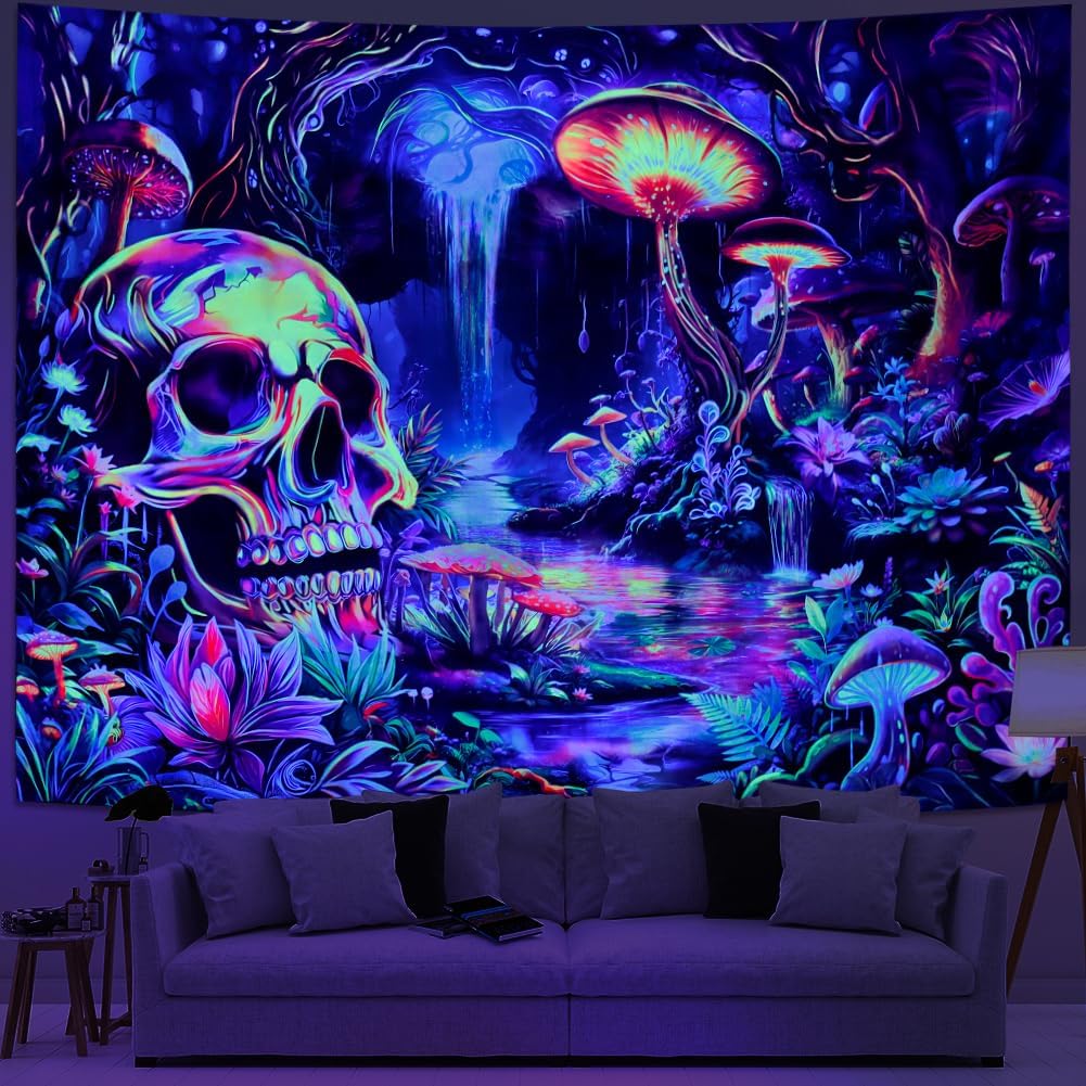 Yuiqear Blacklight Skull Tapestry UV Reactive Mushroom Wall Decor Fantasy Forest Tree Tapestries Black Light Waterfall Floral Tapestry Wall Hanging for Living Room